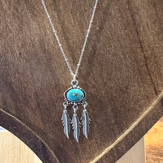 Navajo Turquoise Feather Pendant Necklace in Sterling Silver - Handmade Gift Box Included - Silver Elegant