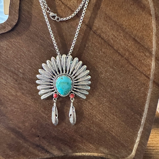 Navajo Headdress Turquoise Necklace in Sterling Silver – Authentic Native American Jewelry Gift Set - Silver Elegant