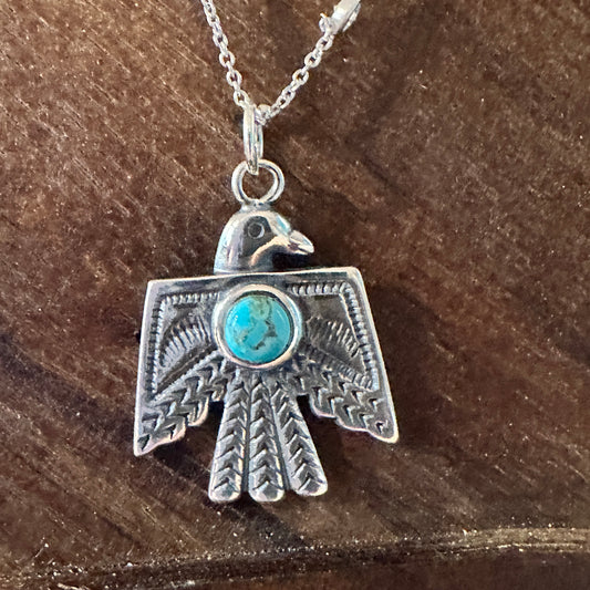 Navajo Thunderbird Turquoise Pendant Necklace in Sterling Silver - Handcrafted Gift Boxed Jewelry - Silver Elegant