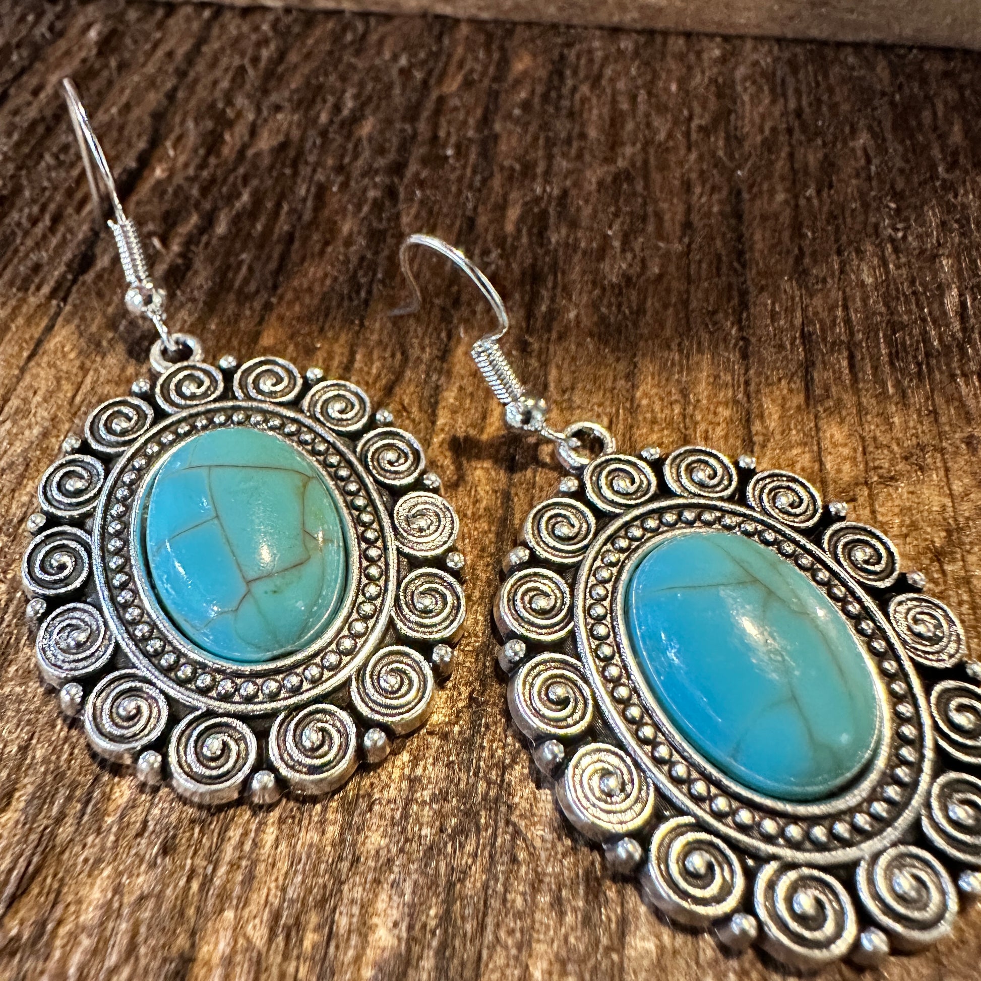 Boho Hippie Vintage Oval Lace Dangle Wire Earrings, Turquoise Stone, Gift BoxBoho Hippie Vintage Oval Lace Dangle Wire Earrings, Turquoise Stone, Gift Box - Premium Drop Stud Earring from Silver Elegant - Just $19! Shop now at Silver Elegant