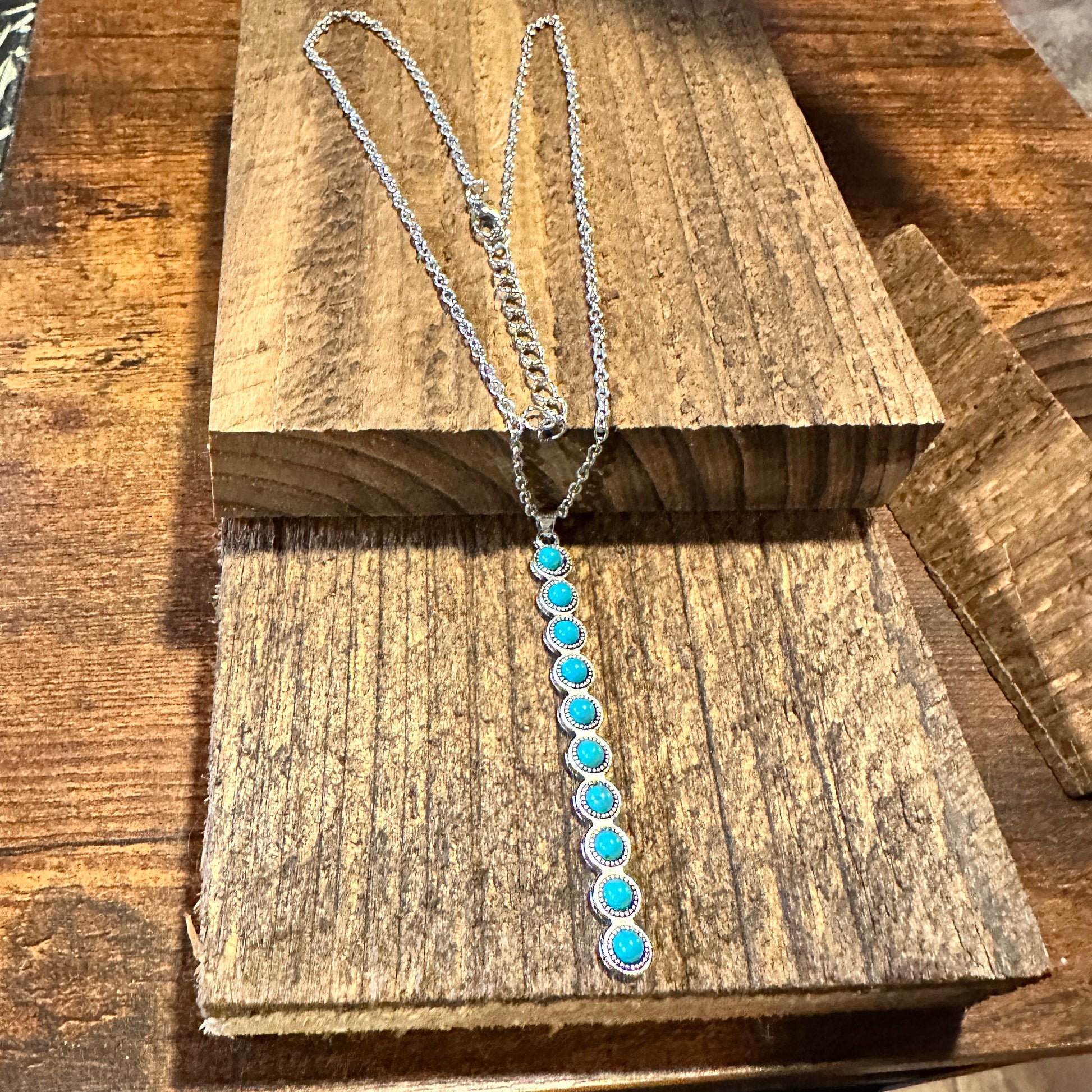 Boho Hippie Vintage Row Turquoise Pendant Necklace, Cowgirl Necklace, Gift Box - Silver Elegant