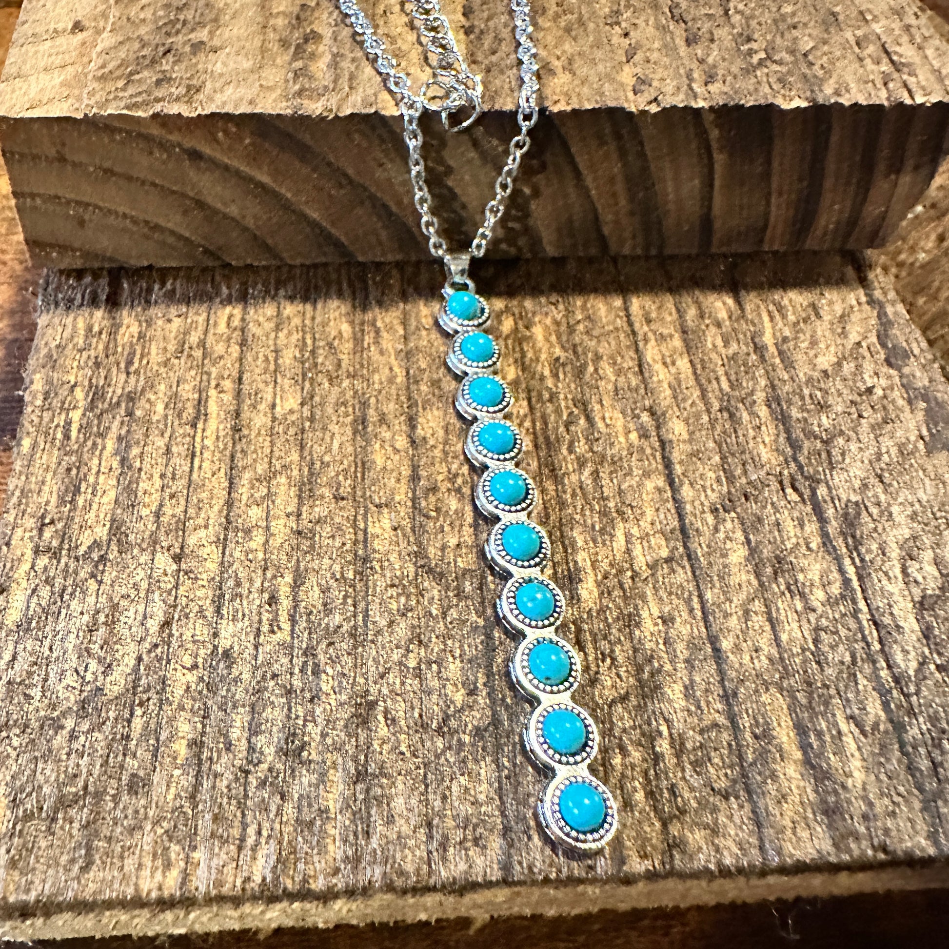 Boho Hippie Vintage Row Turquoise Pendant Necklace, Cowgirl Necklace, Gift Box - Silver Elegant