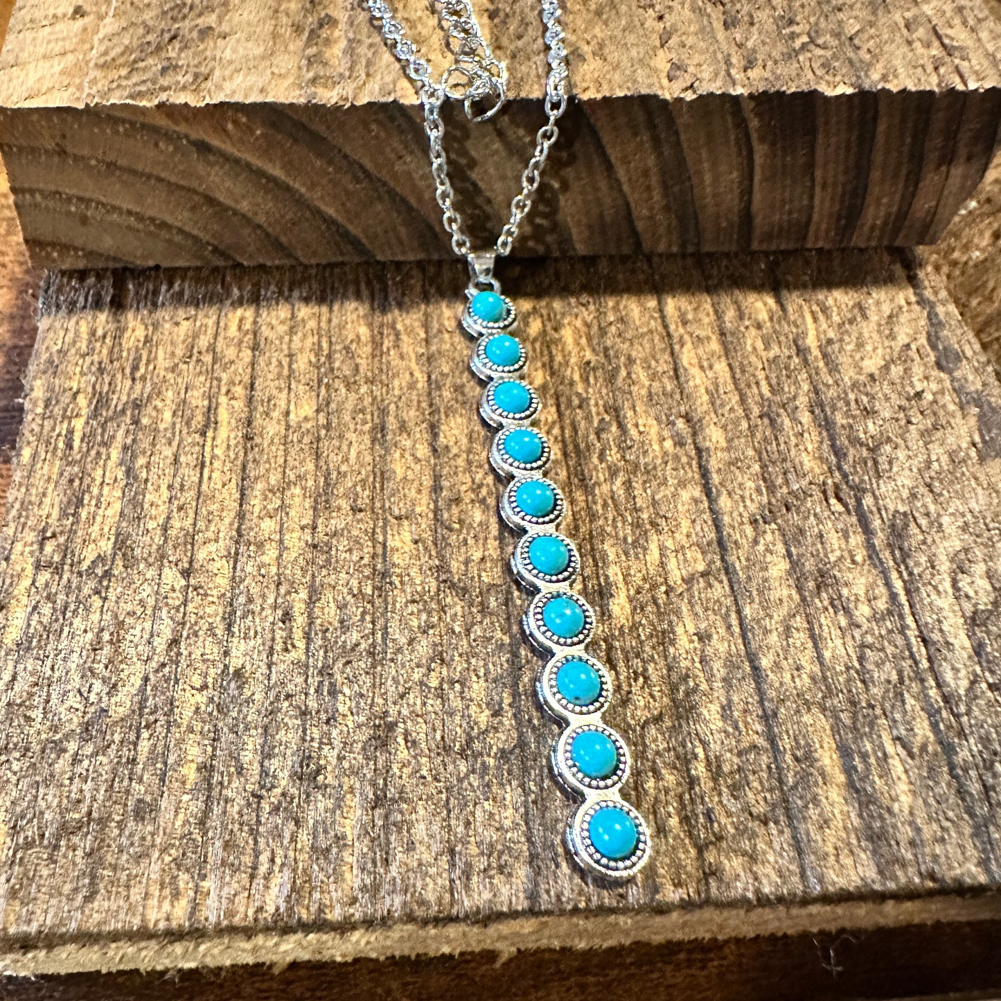 Boho Hippie Vintage Row Turquoise Pendant Necklace, Cowgirl Necklace, Gift Box - Silver Elegant