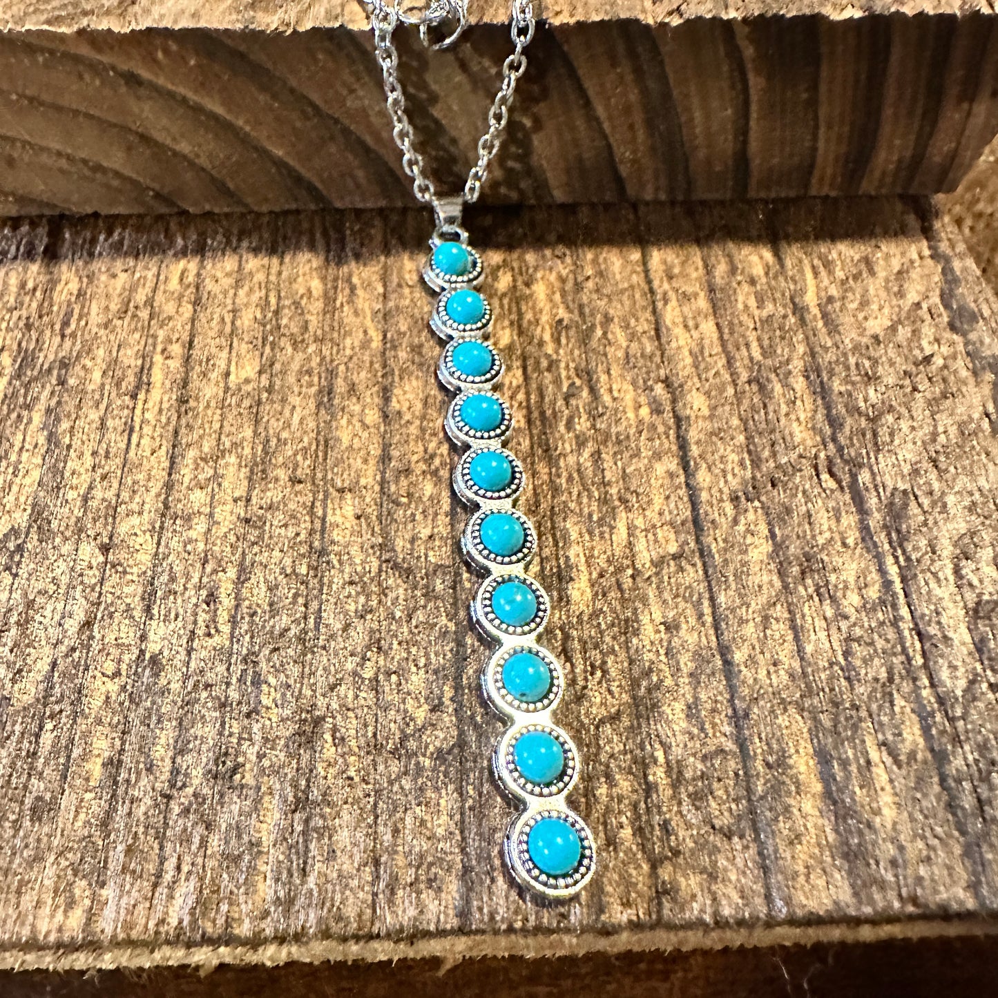 Boho Hippie Vintage Row Turquoise Pendant Necklace, Cowgirl Necklace, Gift Box - Silver Elegant