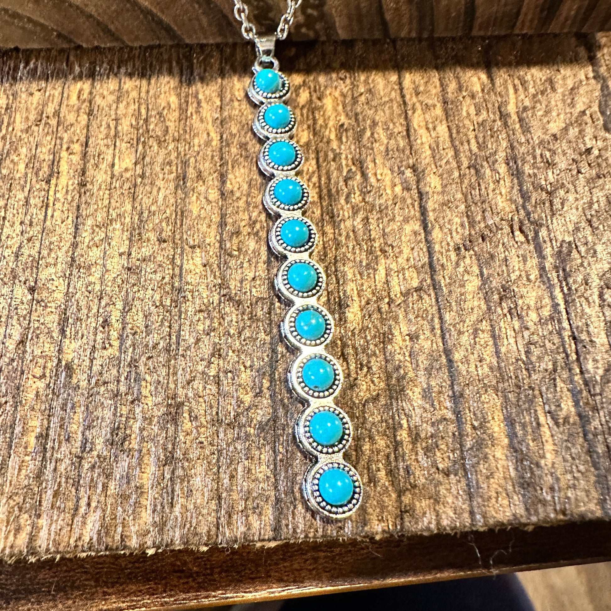 Boho Hippie Vintage Row Turquoise Pendant Necklace, Cowgirl Necklace, Gift Box - Silver Elegant