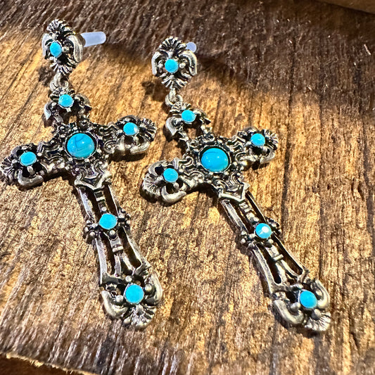 Boho Hippie Vintage Cross Cowgirl Stud Earrings, Silver Plated Turquoise, Gift Box - Silver Elegant