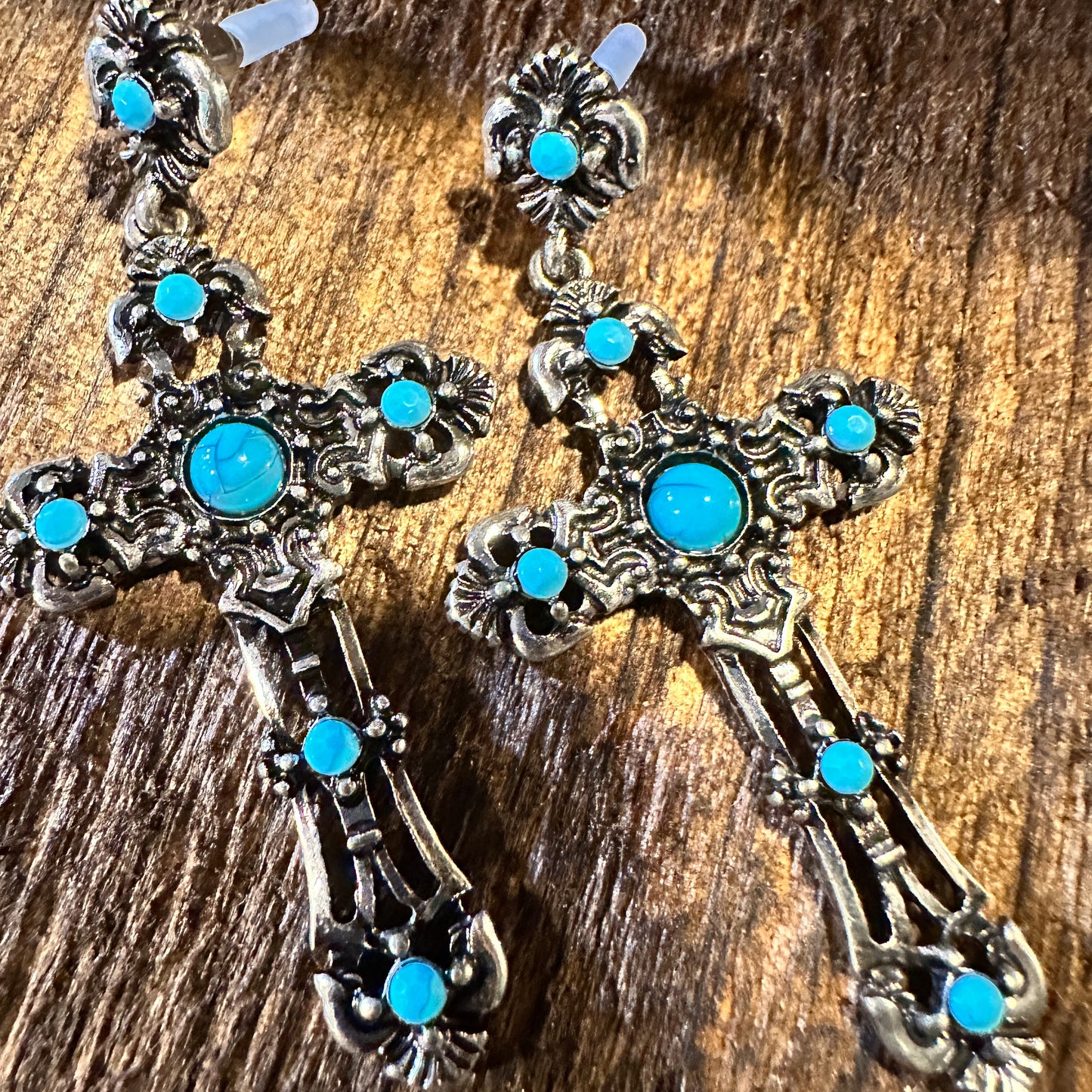 Boho Hippie Vintage Cross Cowgirl Stud Earrings, Silver Plated Turquoise, Gift Box - Silver Elegant