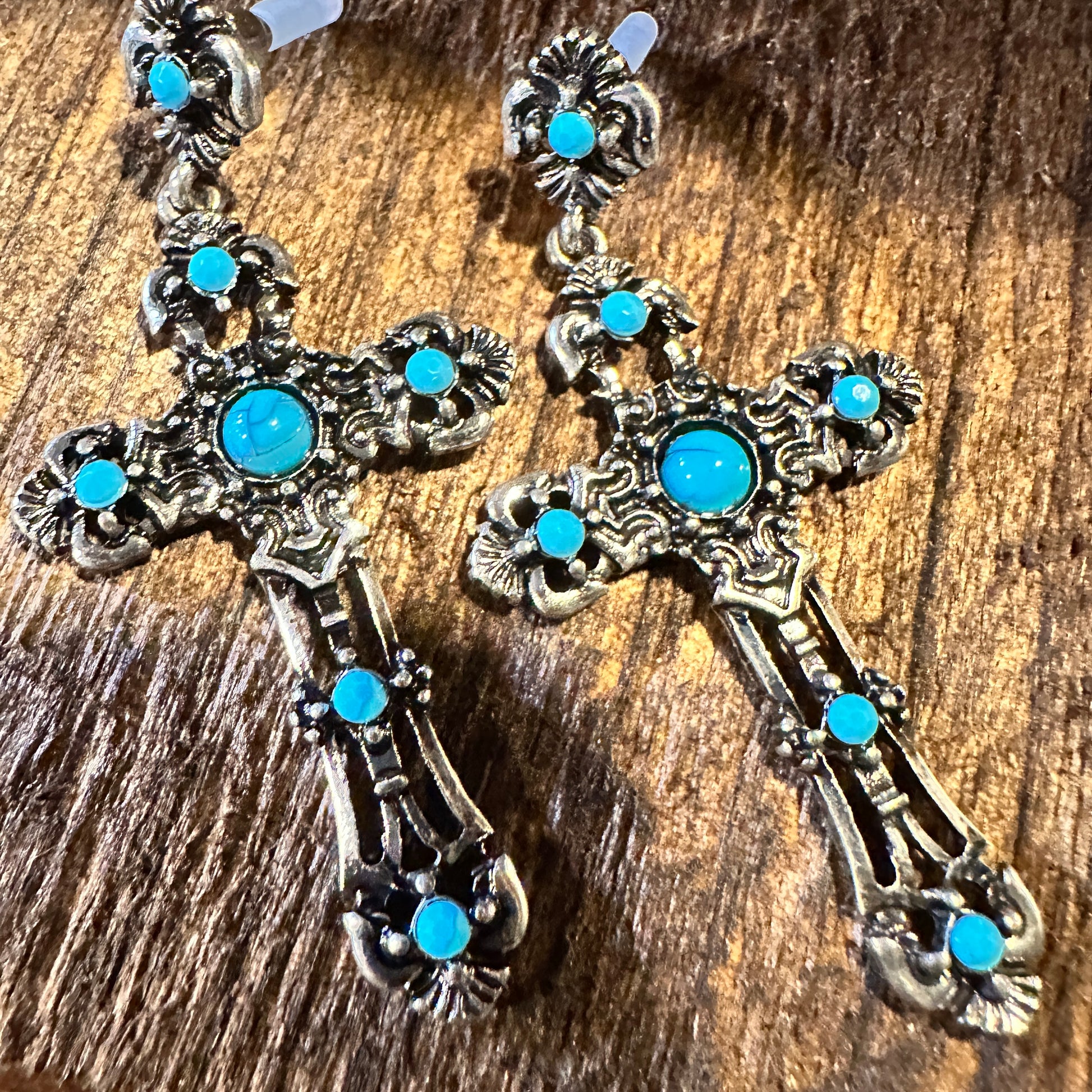 Boho Hippie Vintage Cross Cowgirl Stud Earrings, Silver Plated Turquoise, Gift Box - Silver Elegant