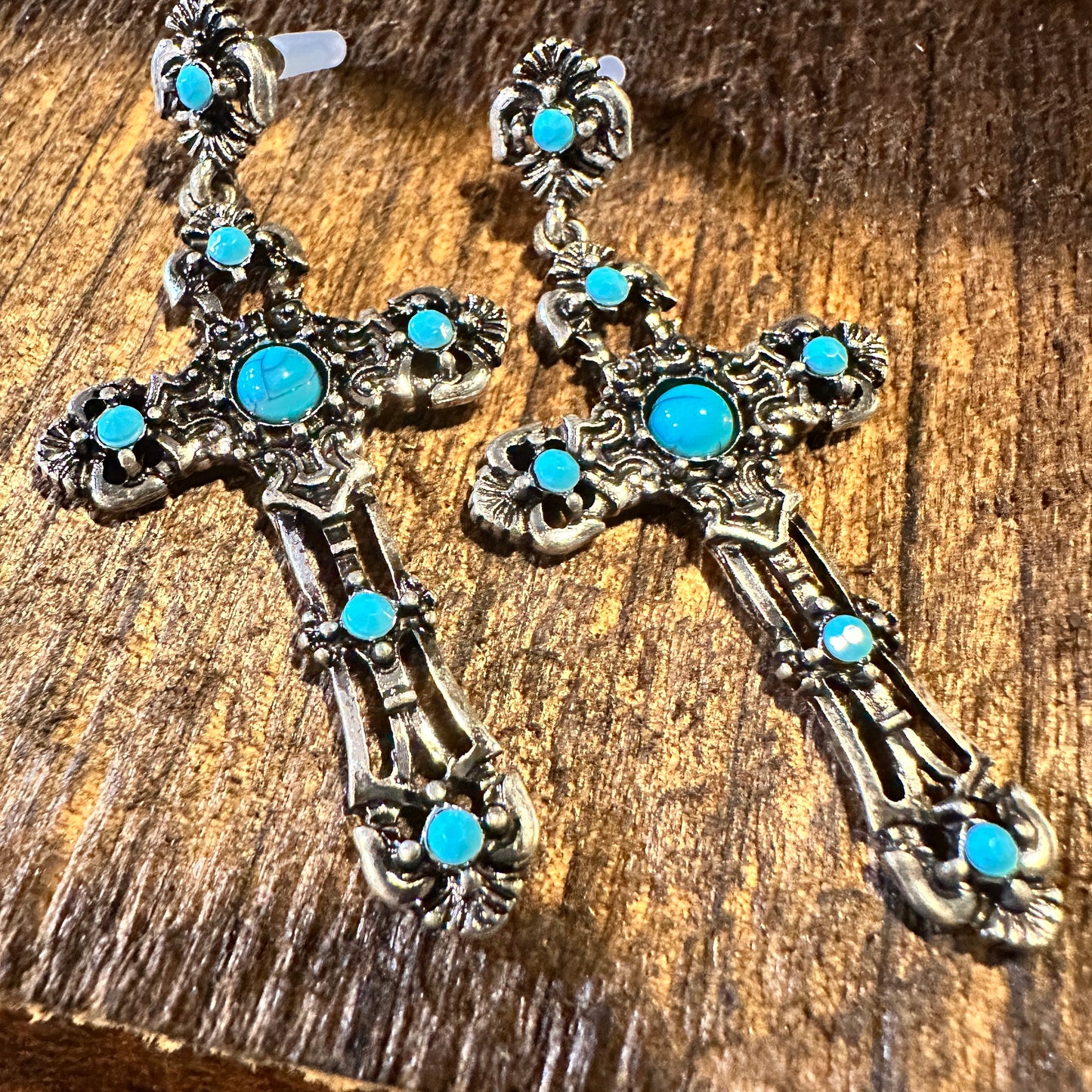 Boho Hippie Vintage Cross Cowgirl Stud Earrings, Silver Plated Turquoise, Gift Box - Silver Elegant