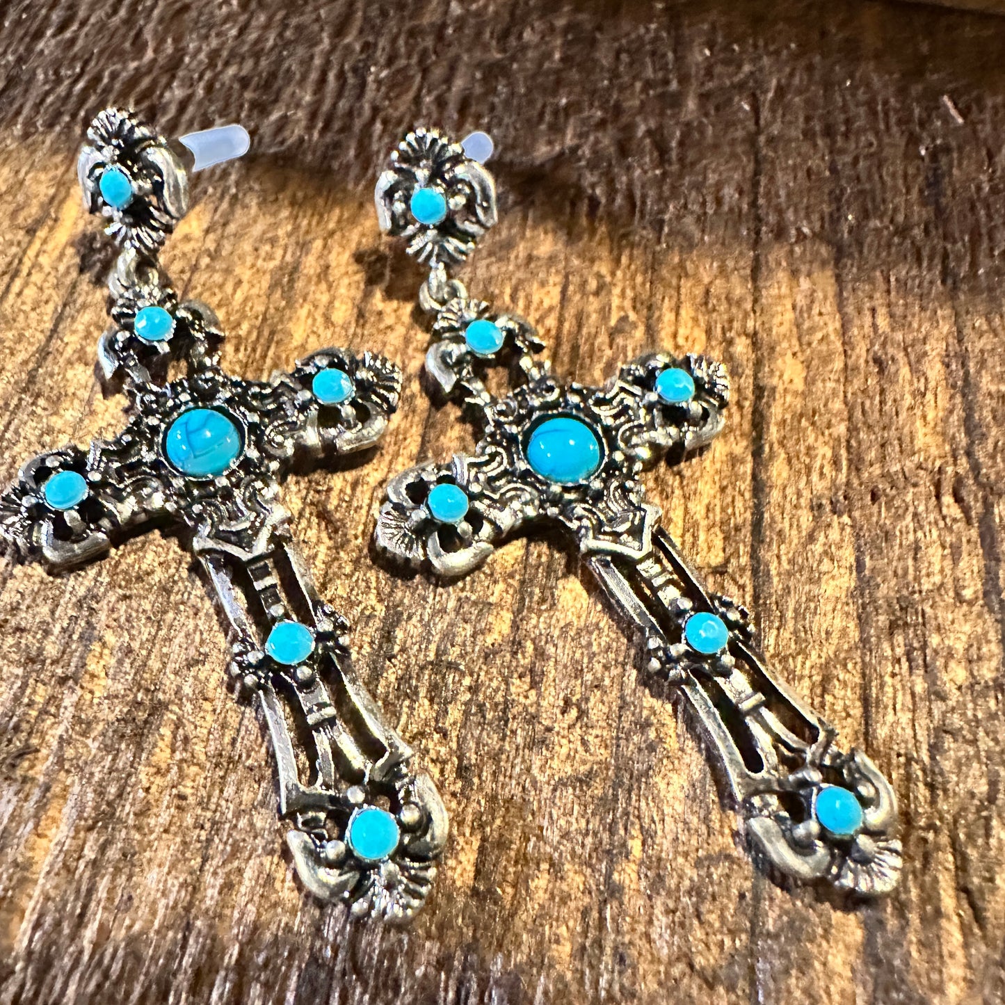 Boho Hippie Vintage Cross Cowgirl Stud Earrings, Silver Plated Turquoise, Gift Box - Silver Elegant