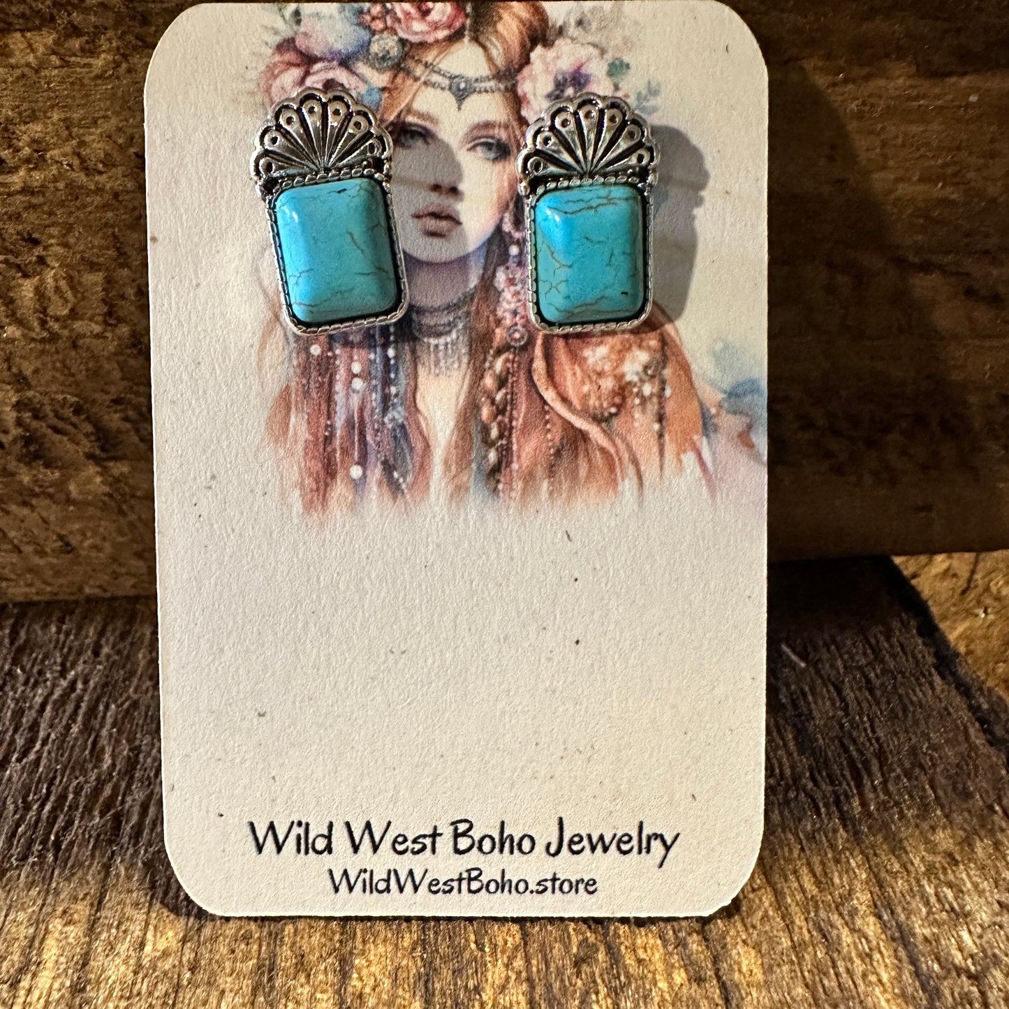 Boho Hippie Vintage Cowgirl Turquoise Stud Earrings, Gift Box - Silver Elegant