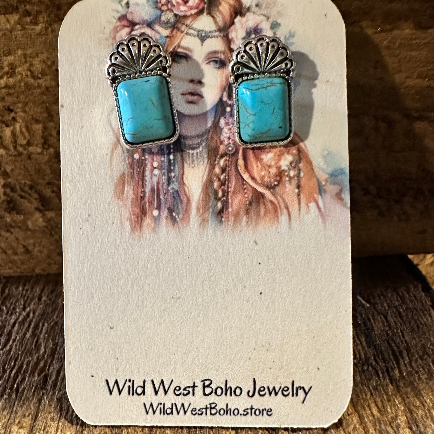 Boho Hippie Vintage Cowgirl Turquoise Stud Earrings, Gift Box - Silver Elegant