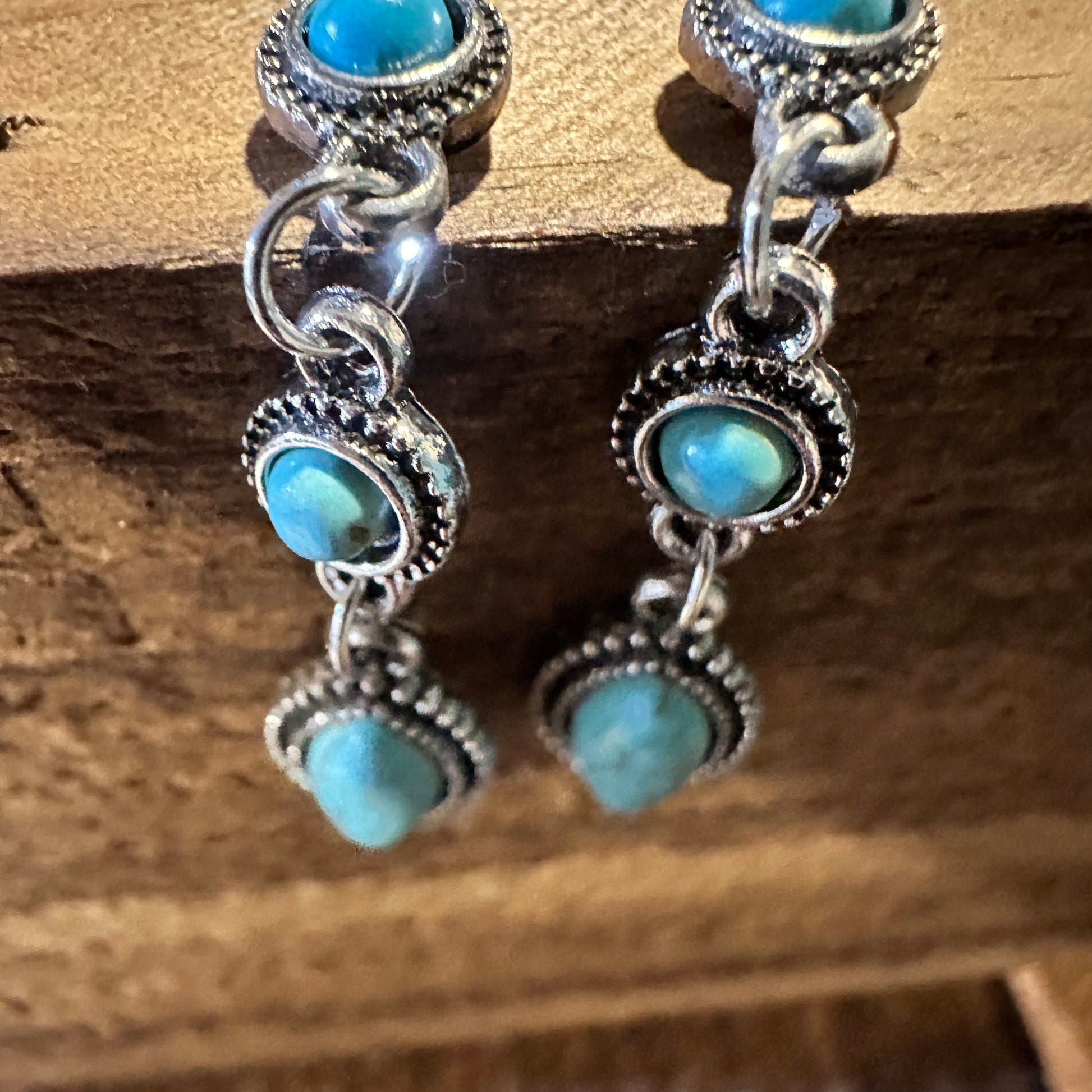 Boho Hippie Vintage Cowgirl Turquoise Stud Drop Earrings, Gift Box - Silver Elegant