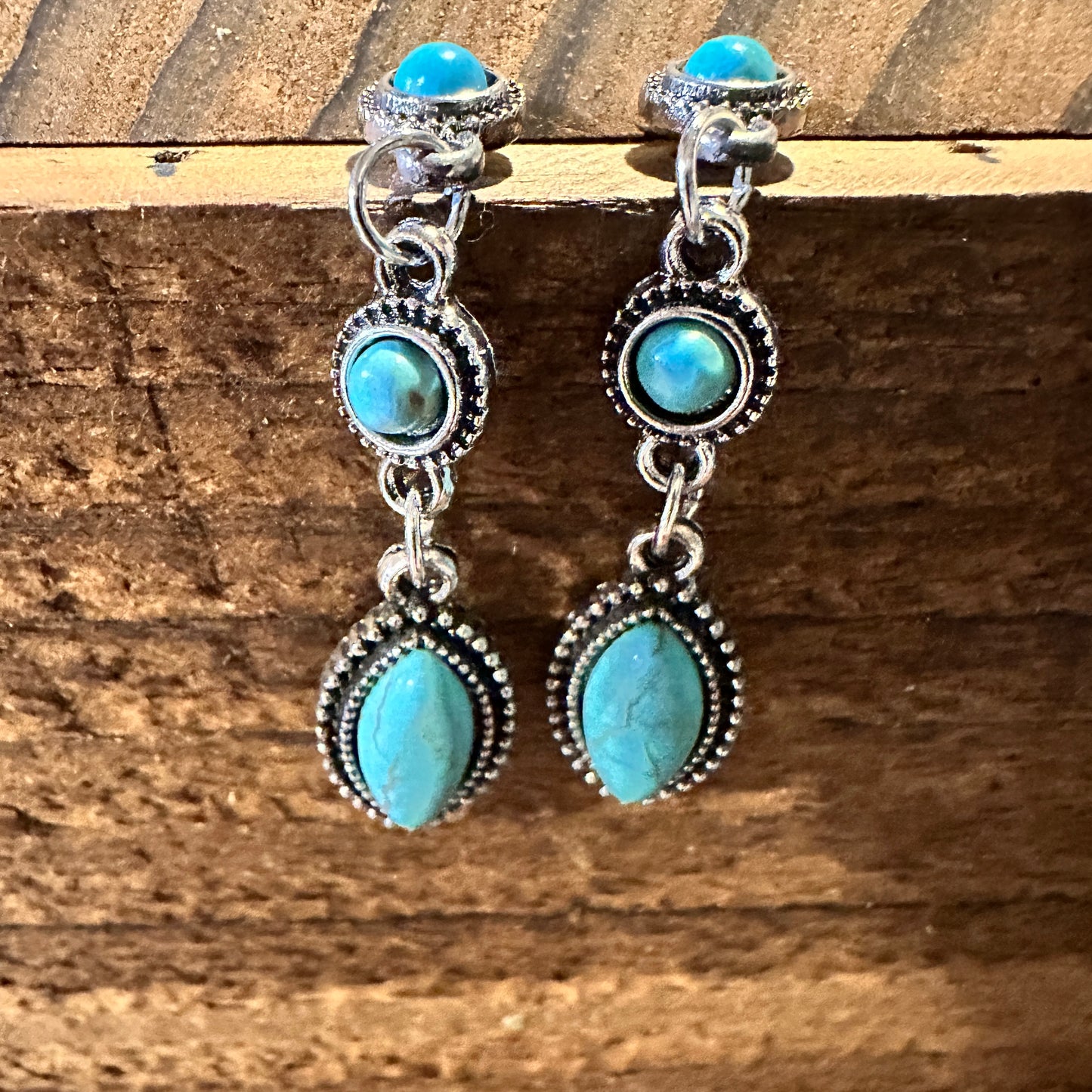 Boho Hippie Vintage Cowgirl Turquoise Stud Drop Earrings, Gift Box - Silver Elegant