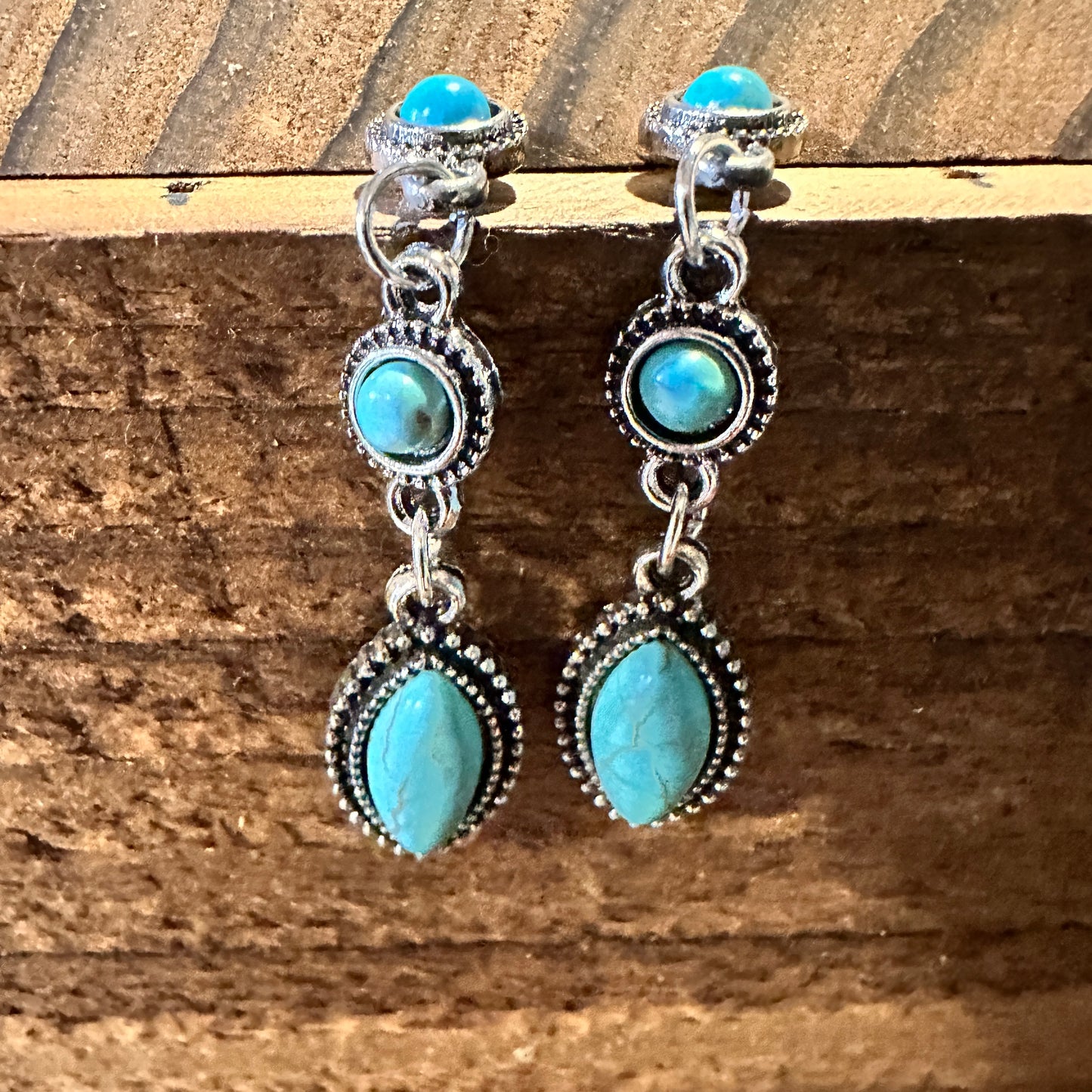 Boho Hippie Vintage Cowgirl Turquoise Stud Drop Earrings, Gift Box - Silver Elegant