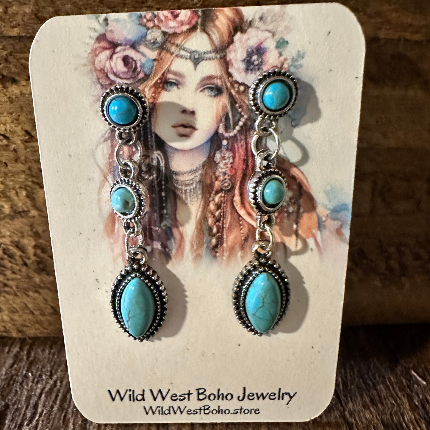 Boho Hippie Vintage Cowgirl Turquoise Stud Drop Earrings, Gift Box - Silver Elegant