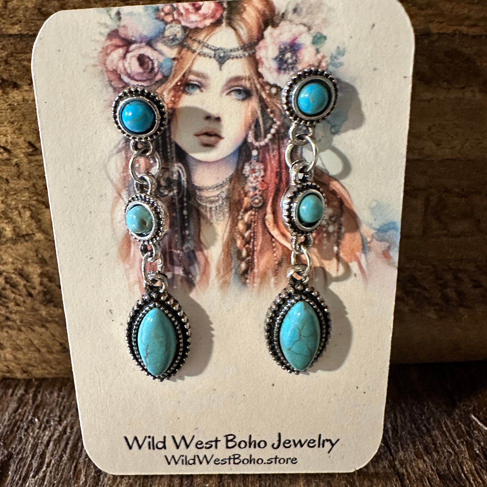 Boho Hippie Vintage Cowgirl Turquoise Stud Drop Earrings, Gift Box - Silver Elegant