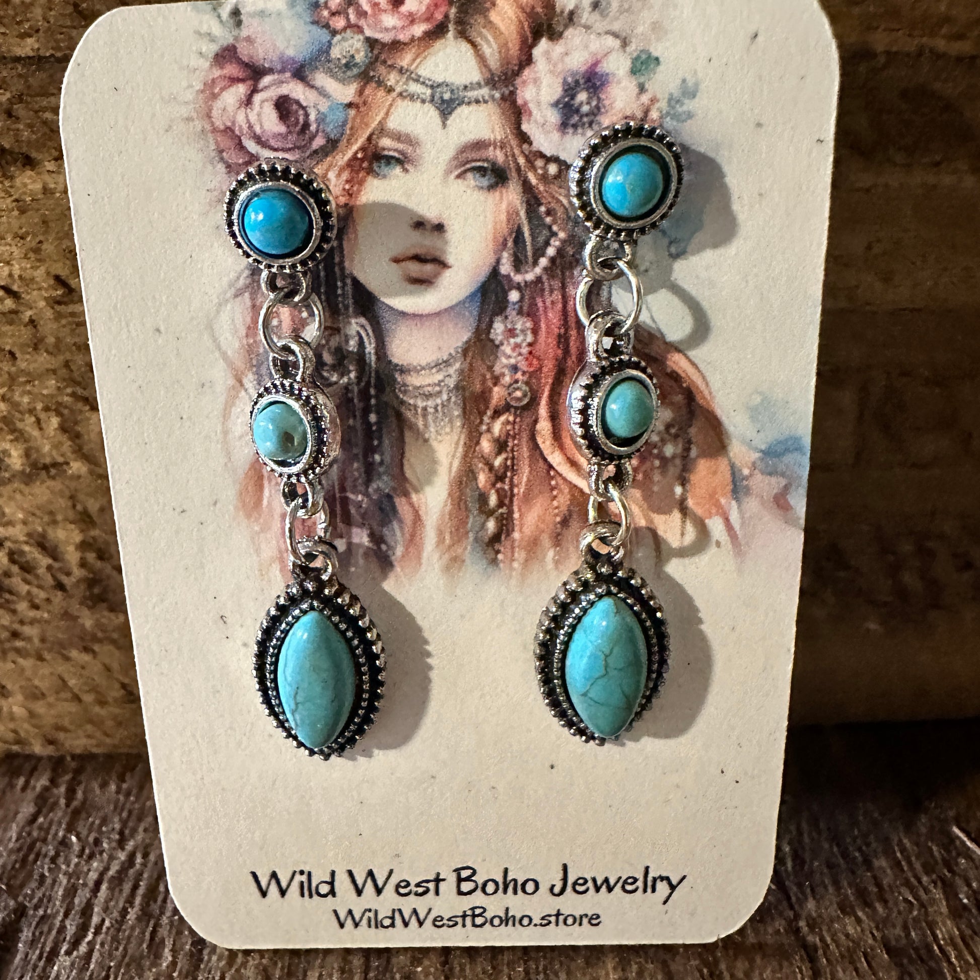 Boho Hippie Vintage Cowgirl Turquoise Stud Drop Earrings, Gift Box - Silver Elegant