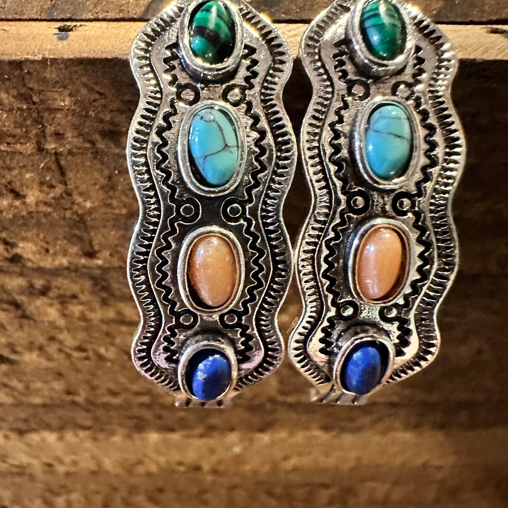 Boho Southwestern Cowgirl Multi-Color Stud Drop Earrings, Gift Box - Silver Elegant