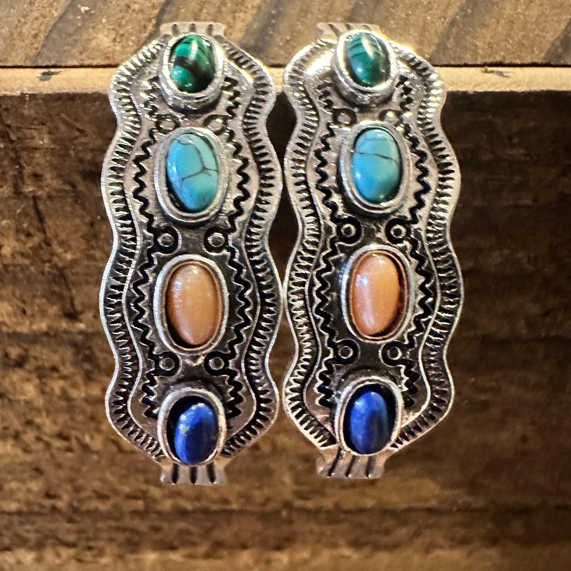 Boho Southwestern Cowgirl Multi-Color Stud Drop Earrings, Gift Box - Silver Elegant