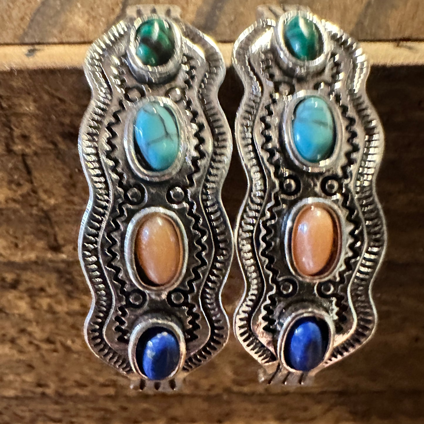 Boho Southwestern Cowgirl Multi-Color Stud Drop Earrings, Gift Box - Silver Elegant