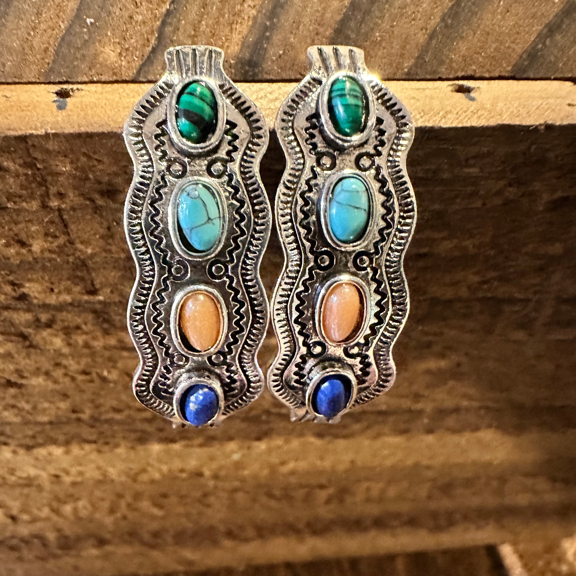 Boho Southwestern Cowgirl Multi-Color Stud Drop Earrings, Gift Box - Silver Elegant