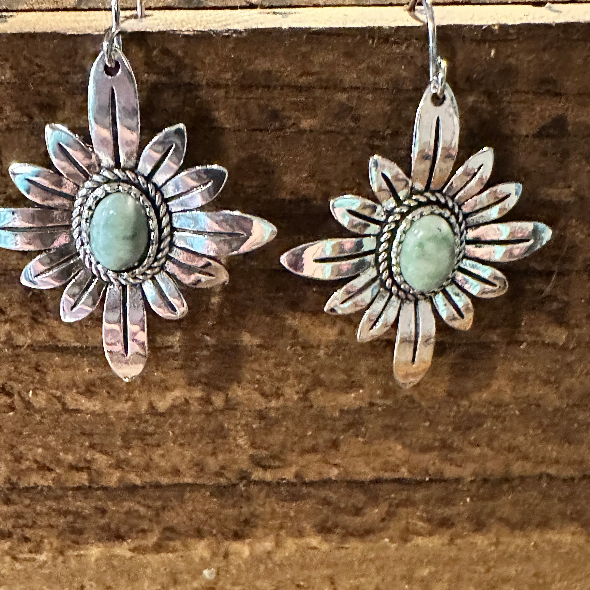 Boho Southwestern Cowgirl Floral Turquoise Wire Drop Earrings, Gift Box - Silver Elegant