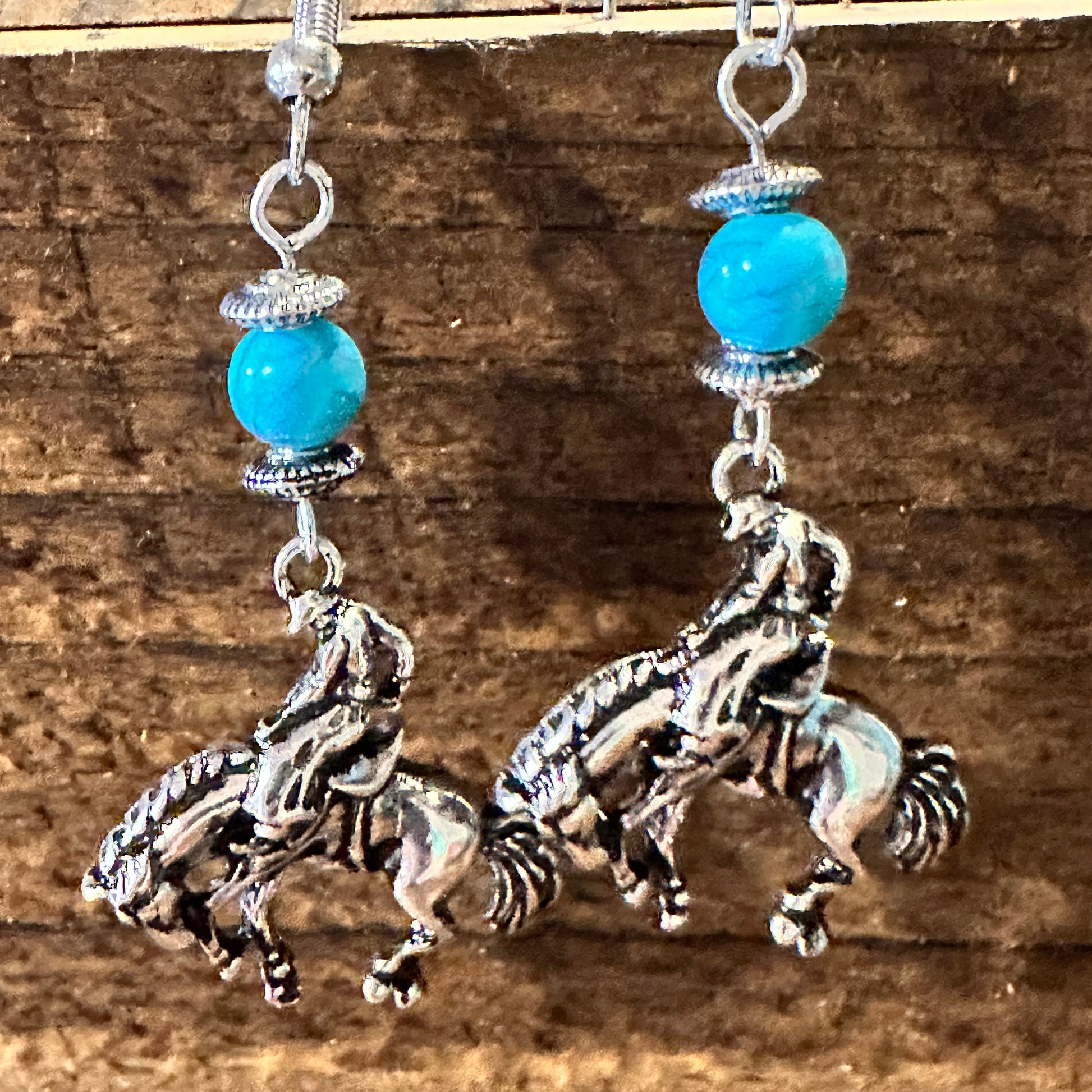 Boho Hippie Vintage Rodeo Cowgirl Horse Wire Earrings, Silver Plated, Turquoise, Gift Box - Silver Elegant