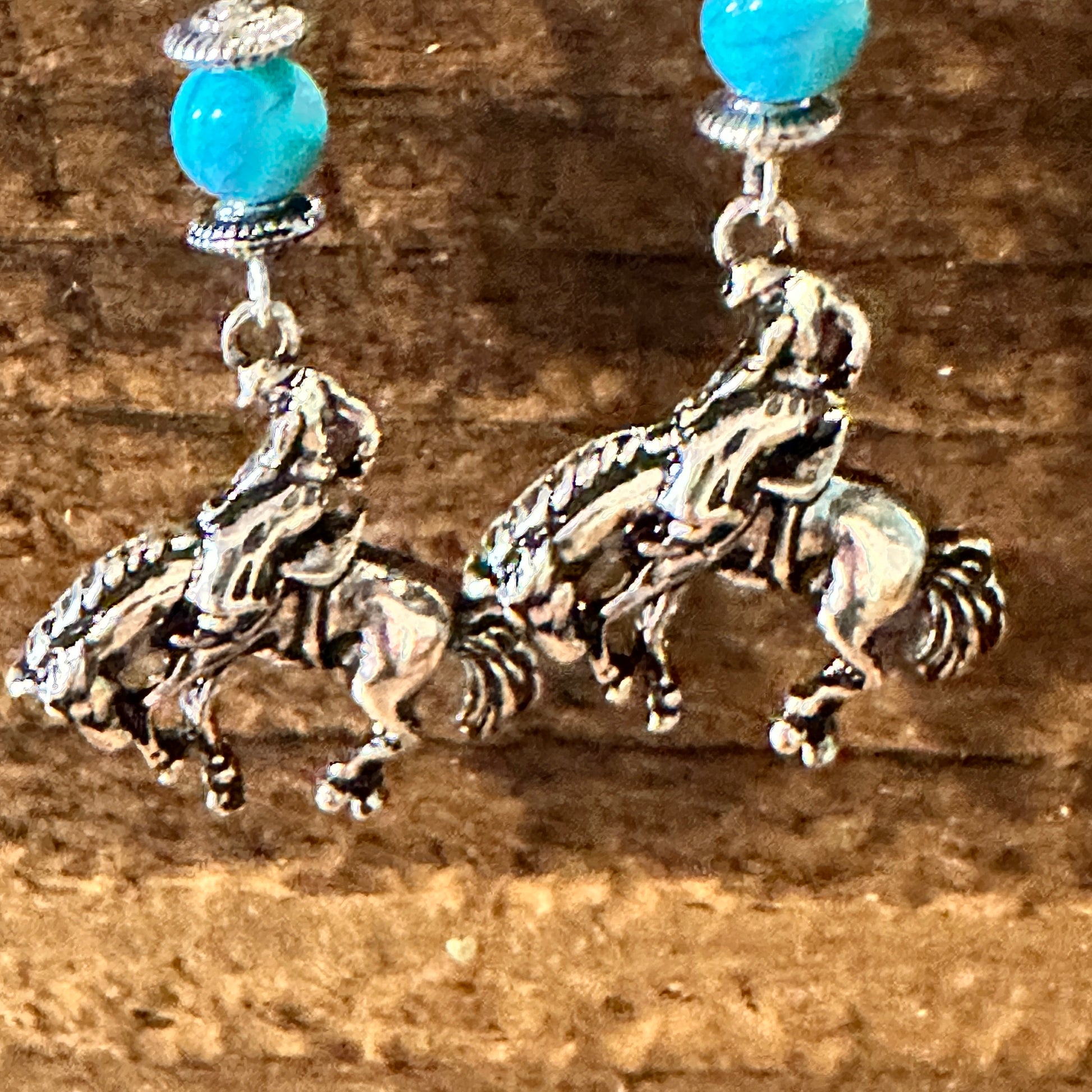 Boho Hippie Vintage Rodeo Cowgirl Horse Wire Earrings, Silver Plated, Turquoise, Gift Box - Silver Elegant