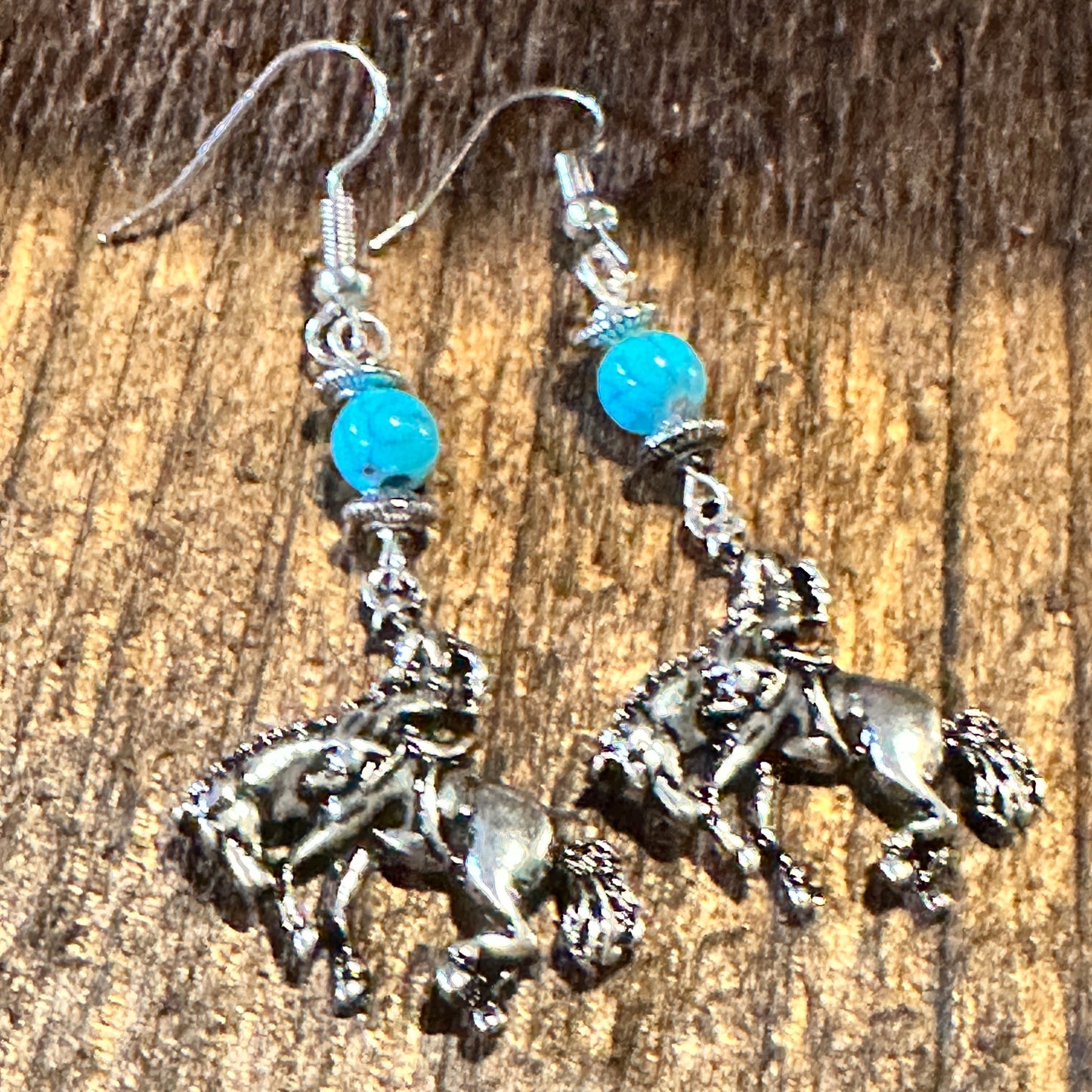 Boho Hippie Vintage Rodeo Cowgirl Horse Wire Earrings, Silver Plated, Turquoise, Gift Box - Silver Elegant