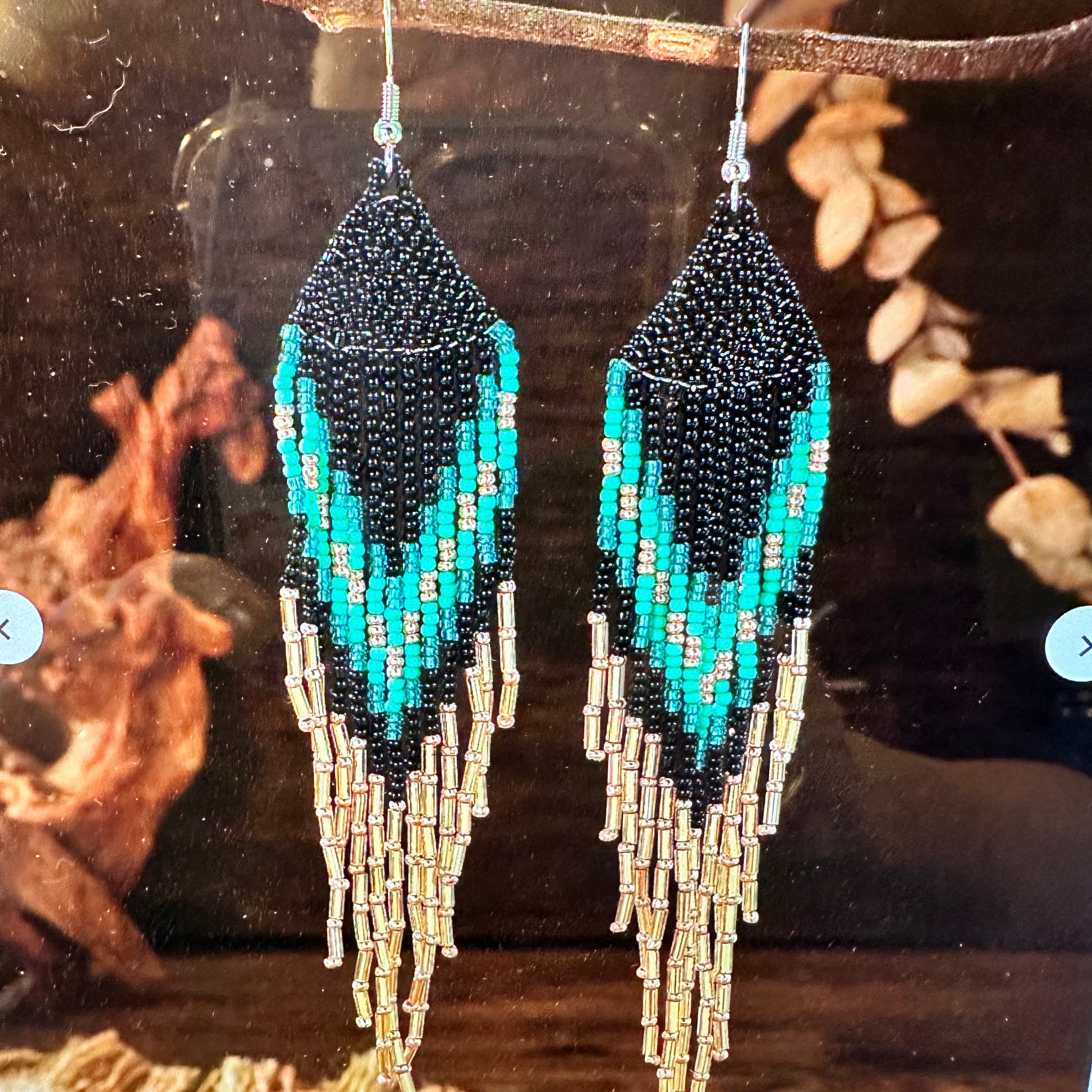 Bohemian Navajo Seed Bead Dangle Earrings with Black and Turquoise Beads, Gift-Ready Packaging - Silver Elegant