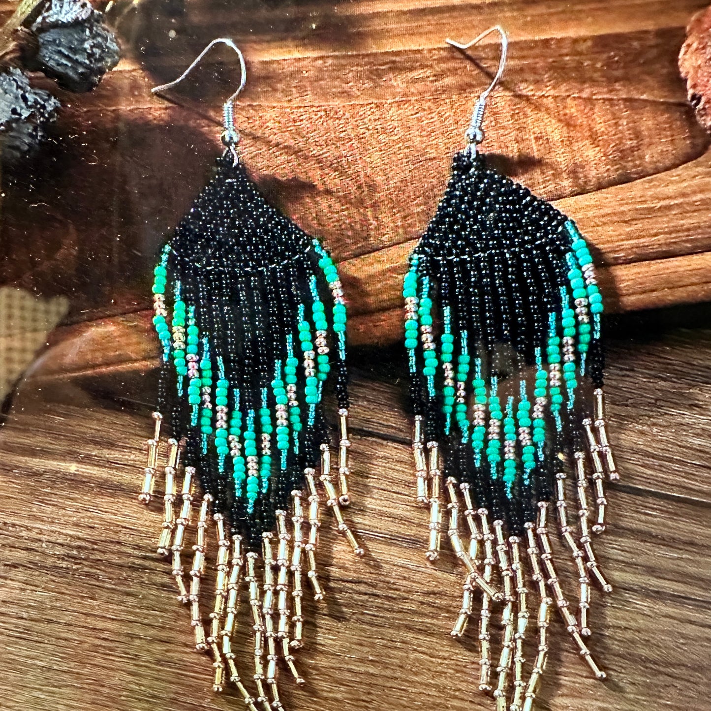 Bohemian Navajo Seed Bead Dangle Earrings with Black and Turquoise Beads, Gift-Ready Packaging - Silver Elegant