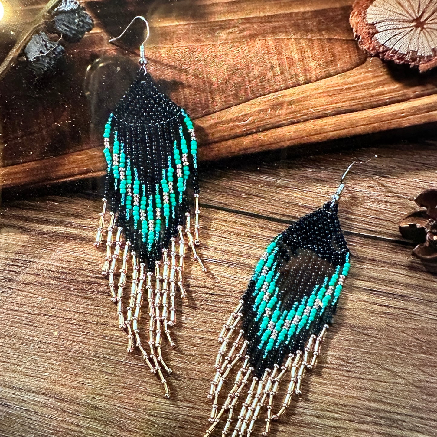 Bohemian Navajo Seed Bead Dangle Earrings with Black and Turquoise Beads, Gift-Ready Packaging - Silver Elegant