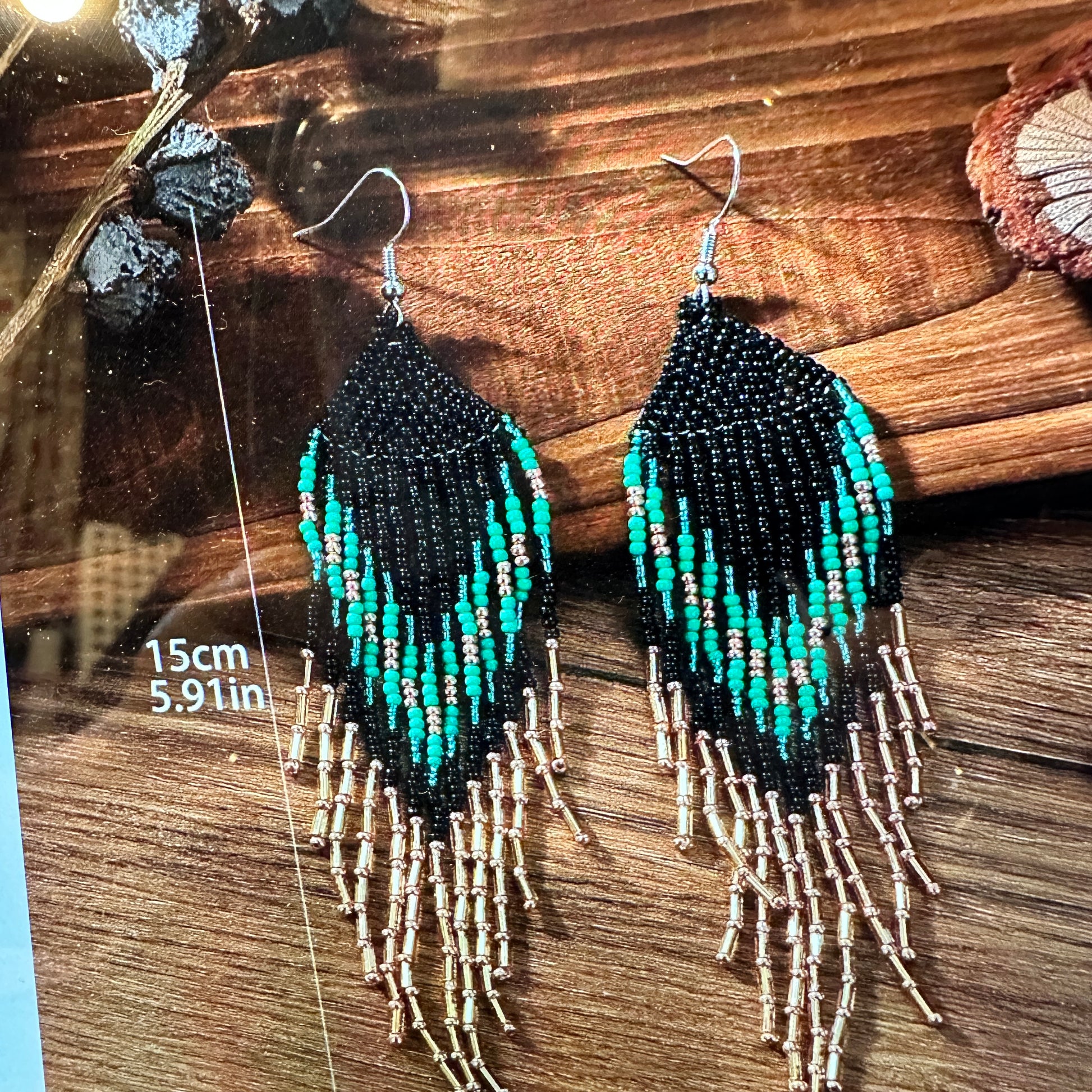 Bohemian Navajo Seed Bead Dangle Earrings with Black and Turquoise Beads, Gift-Ready Packaging - Silver Elegant