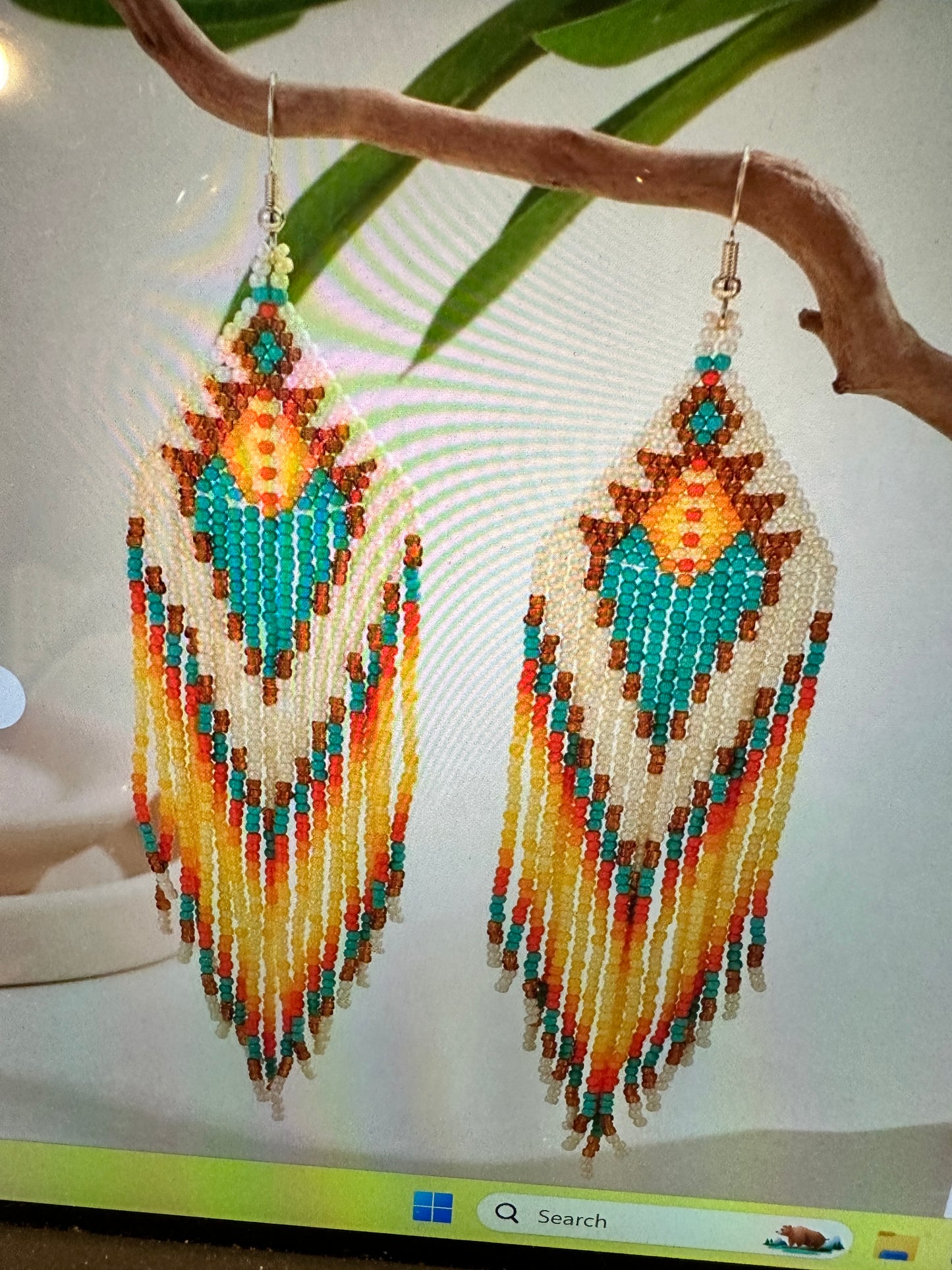 Bohemian Navajo Seed Bead Dangle Earrings with Peach and Turquoise, Gift-Ready Box Included - Silver Elegant