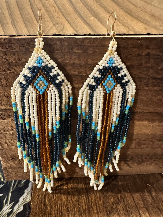 Bohemian Native American Inspired White Turquoise Seed Bead Dangle Earrings in Gift Box - Silver Elegant