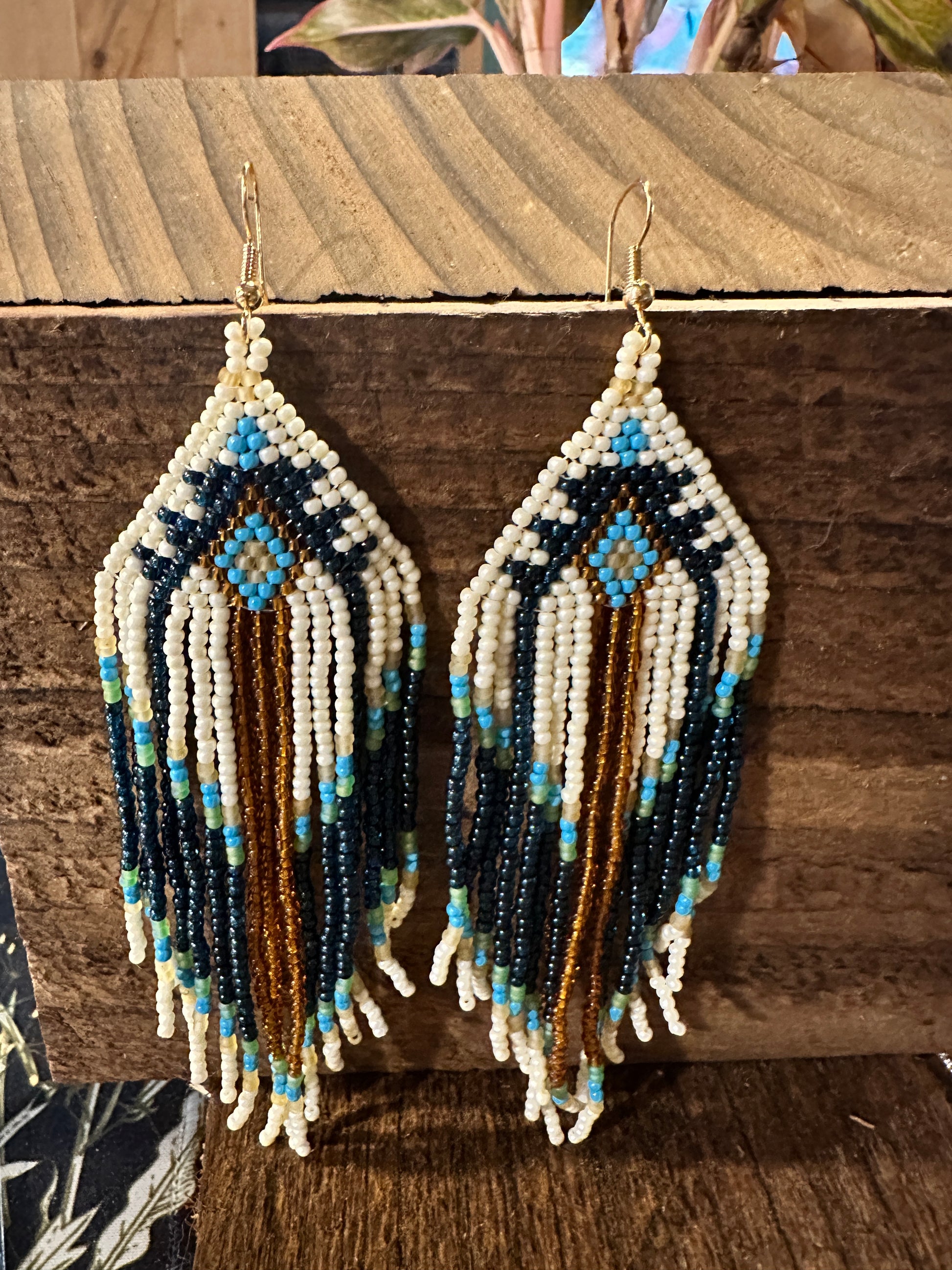 Bohemian Native American Inspired White Turquoise Seed Bead Dangle Earrings in Gift Box - Silver Elegant