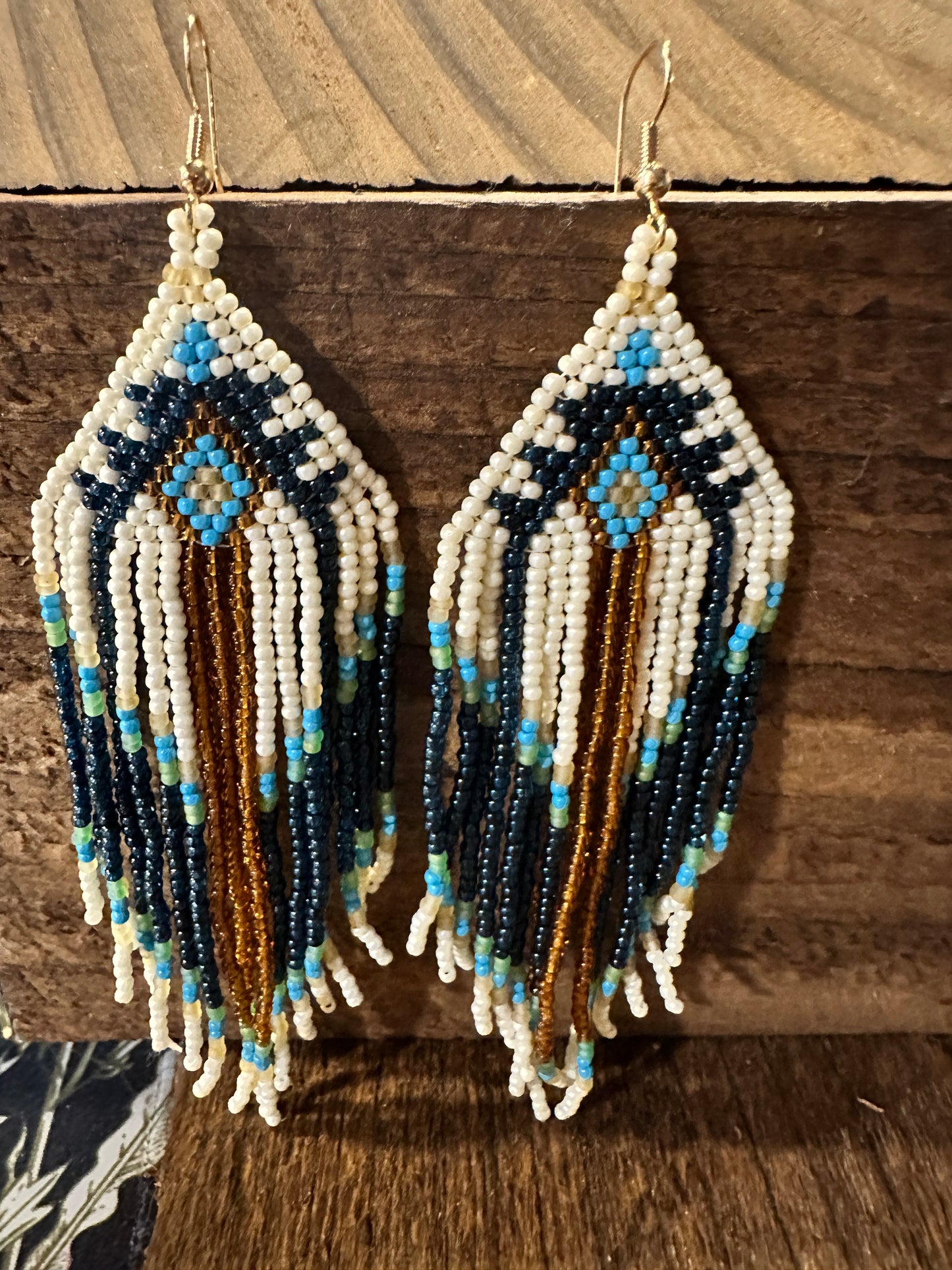 Bohemian Native American Inspired White Turquoise Seed Bead Dangle Earrings in Gift Box - Silver Elegant