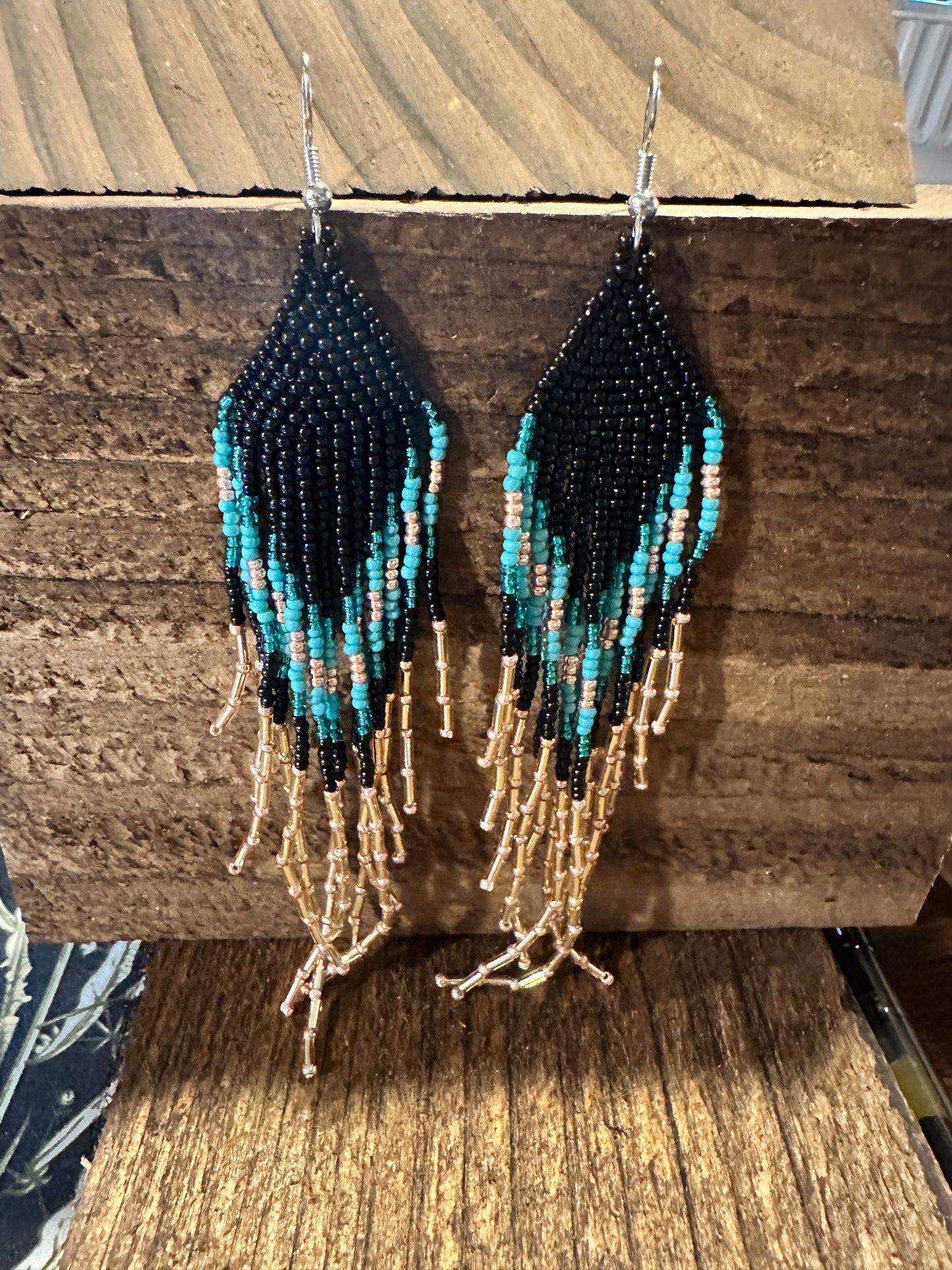 Bohemian Navajo Seed Bead Dangle Earrings with Black and Turquoise Beads, Gift-Ready Packaging - Silver Elegant