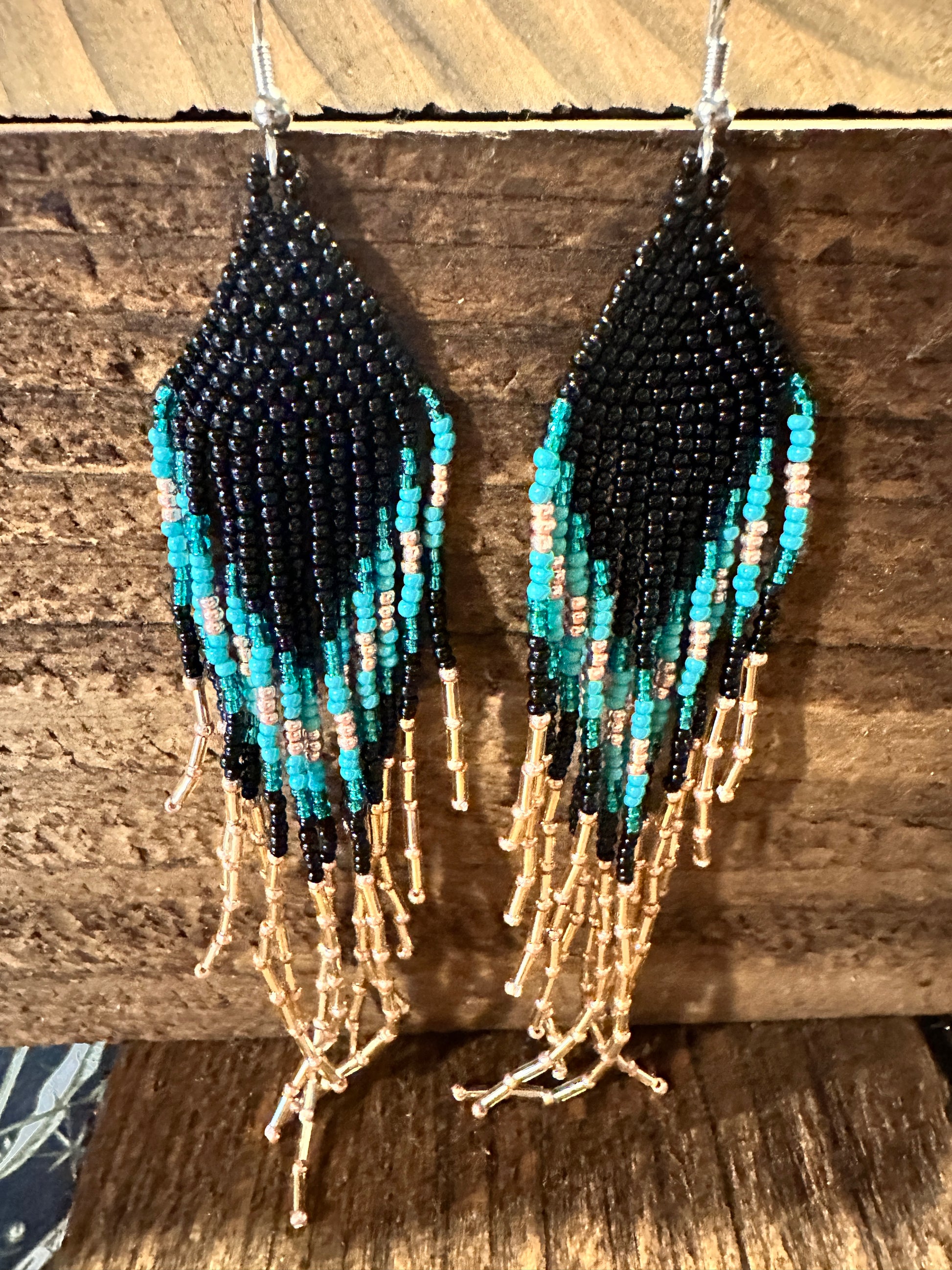 Bohemian Navajo Seed Bead Dangle Earrings with Black and Turquoise Beads, Gift-Ready Packaging - Silver Elegant