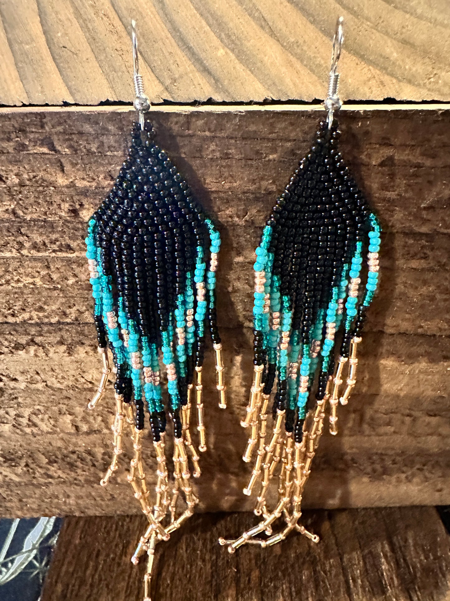 Bohemian Navajo Seed Bead Dangle Earrings with Black and Turquoise Beads, Gift-Ready Packaging - Silver Elegant