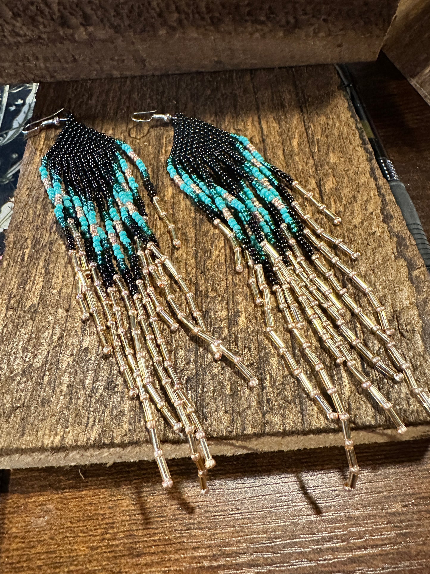 Bohemian Navajo Seed Bead Dangle Earrings with Black and Turquoise Beads, Gift-Ready Packaging - Silver Elegant