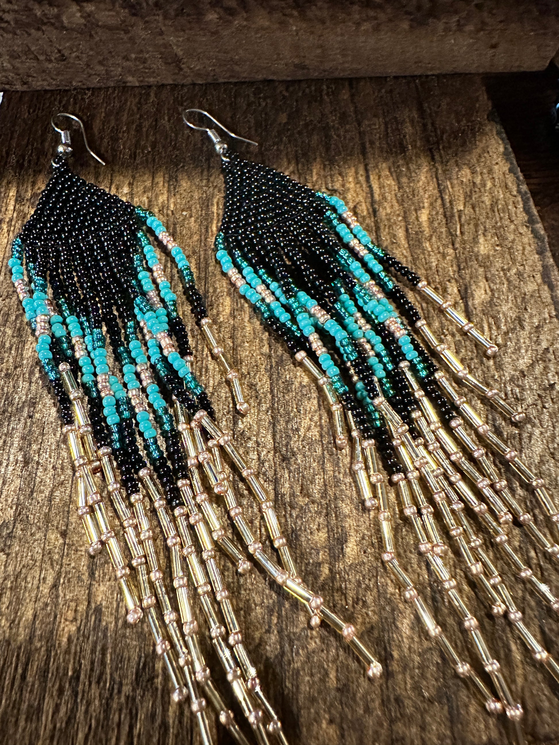 Bohemian Navajo Seed Bead Dangle Earrings with Black and Turquoise Beads, Gift-Ready Packaging - Silver Elegant