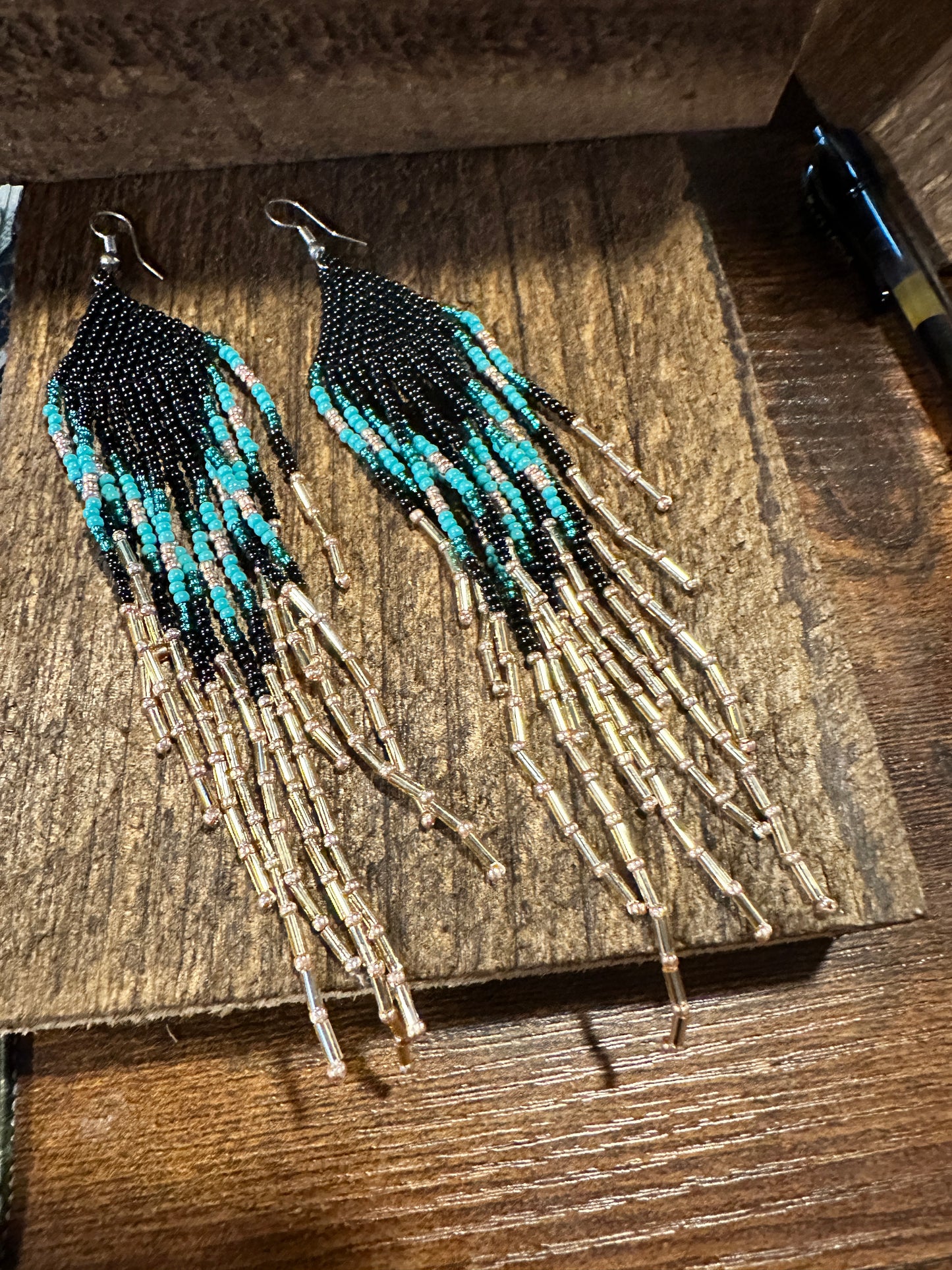 Bohemian Navajo Seed Bead Dangle Earrings with Black and Turquoise Beads, Gift-Ready Packaging - Silver Elegant