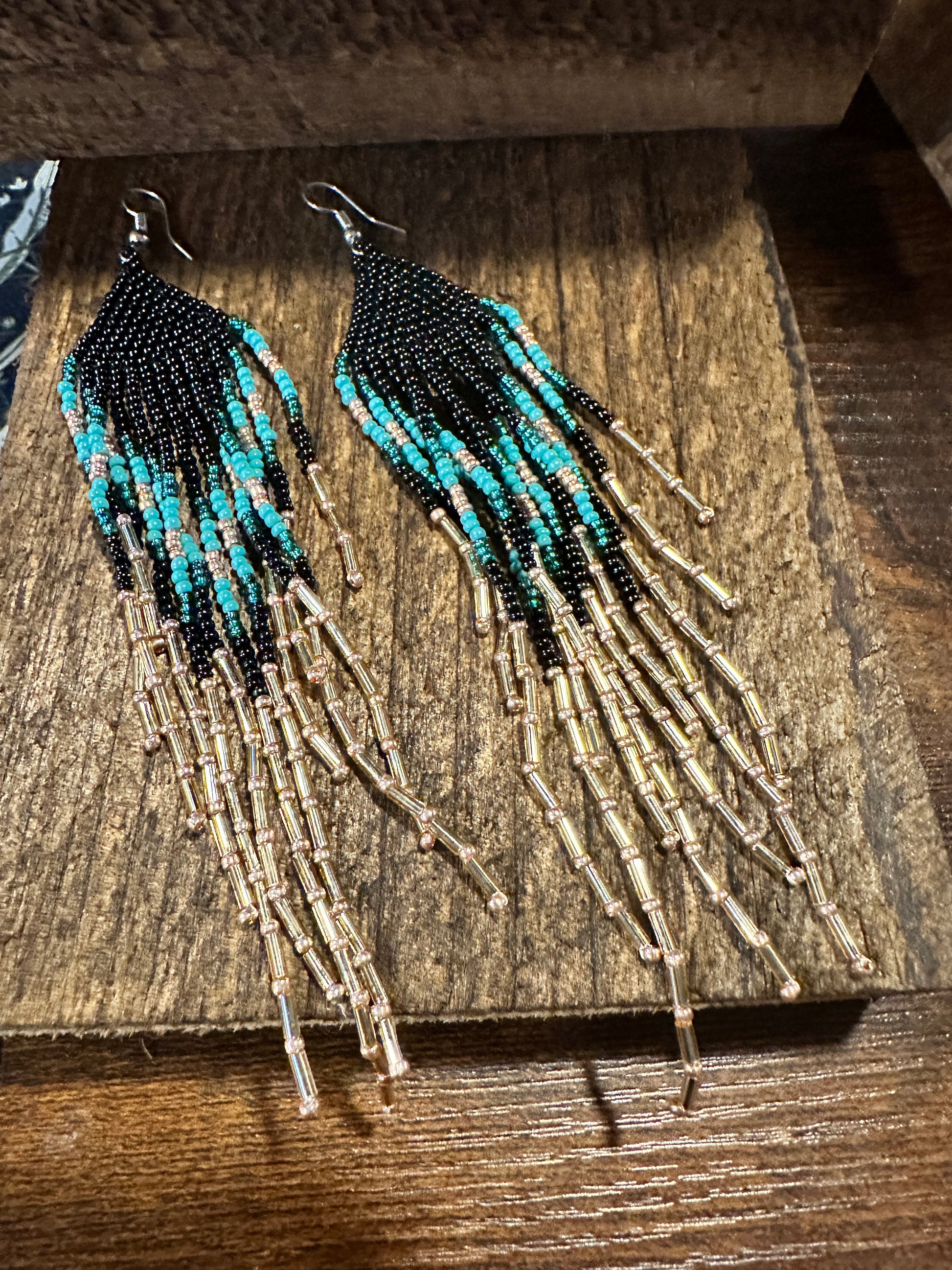 Bohemian Navajo Seed Bead Dangle Earrings with Black and Turquoise Beads, Gift-Ready Packaging - Silver Elegant