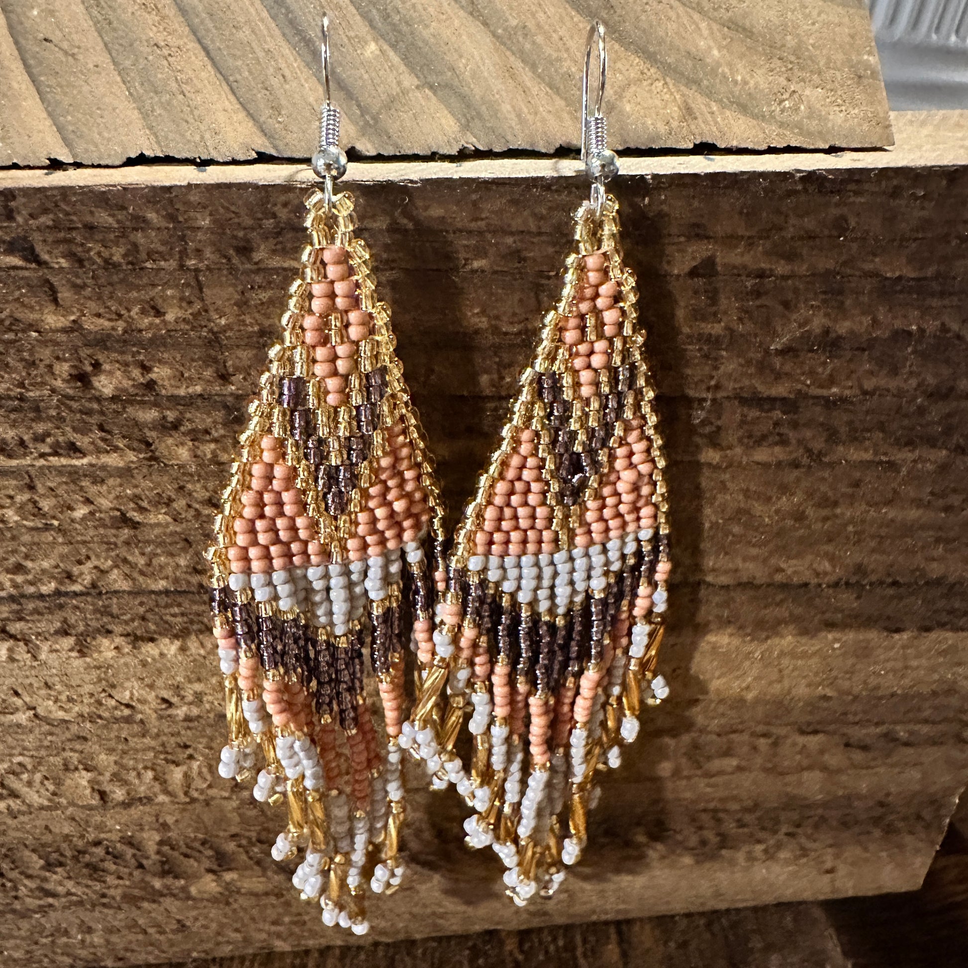 Handcrafted Bohemian Navajo Seed Bead Dangle Earrings with Peach Brown Accents - Perfect Gift in Decorative Box - Silver Elegant