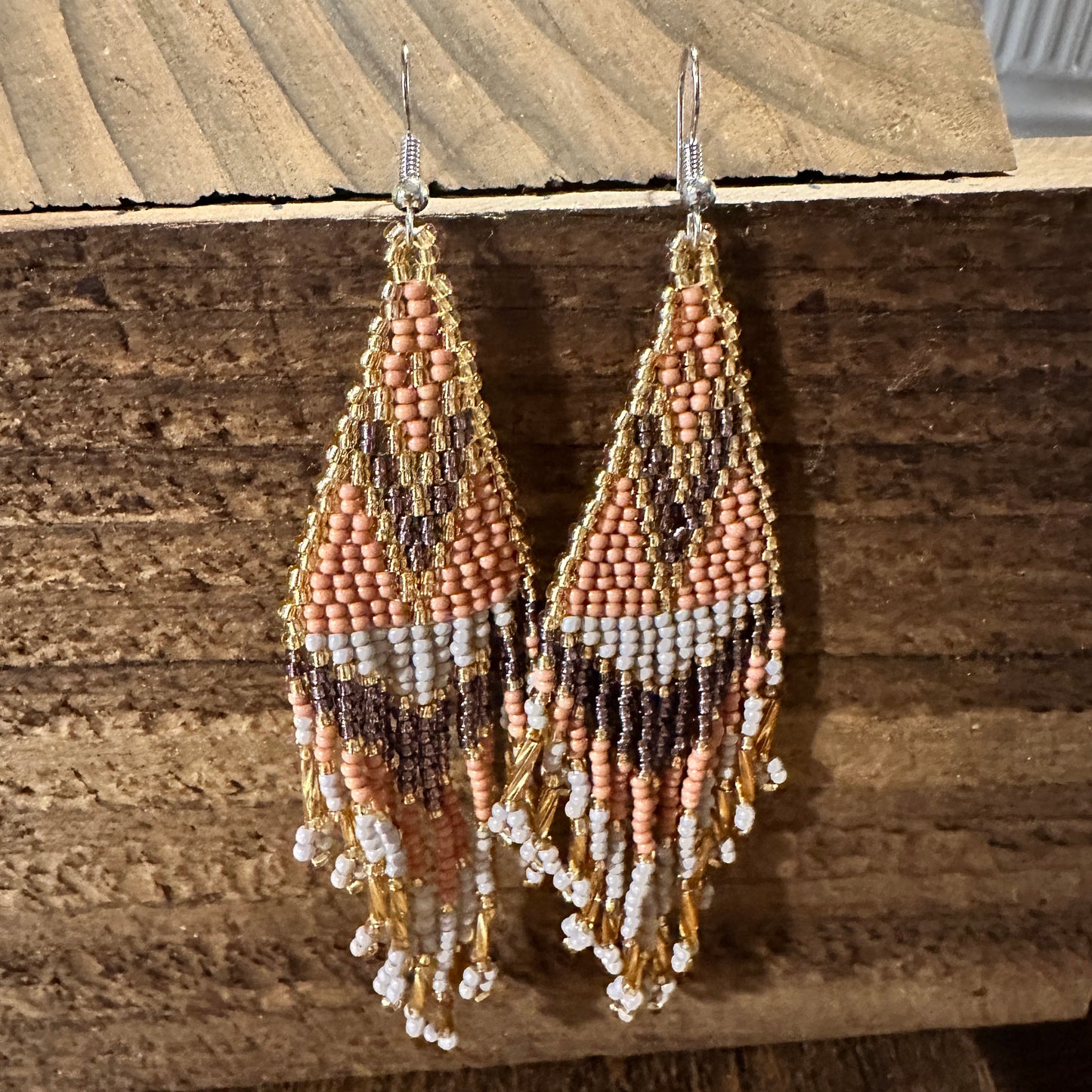 Handcrafted Bohemian Navajo Seed Bead Dangle Earrings with Peach Brown Accents - Perfect Gift in Decorative Box - Silver Elegant