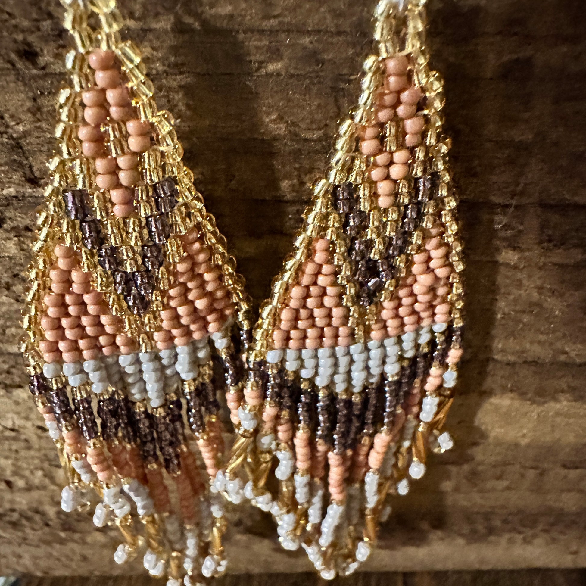 Handcrafted Bohemian Navajo Seed Bead Dangle Earrings with Peach Brown Accents - Perfect Gift in Decorative Box - Silver Elegant