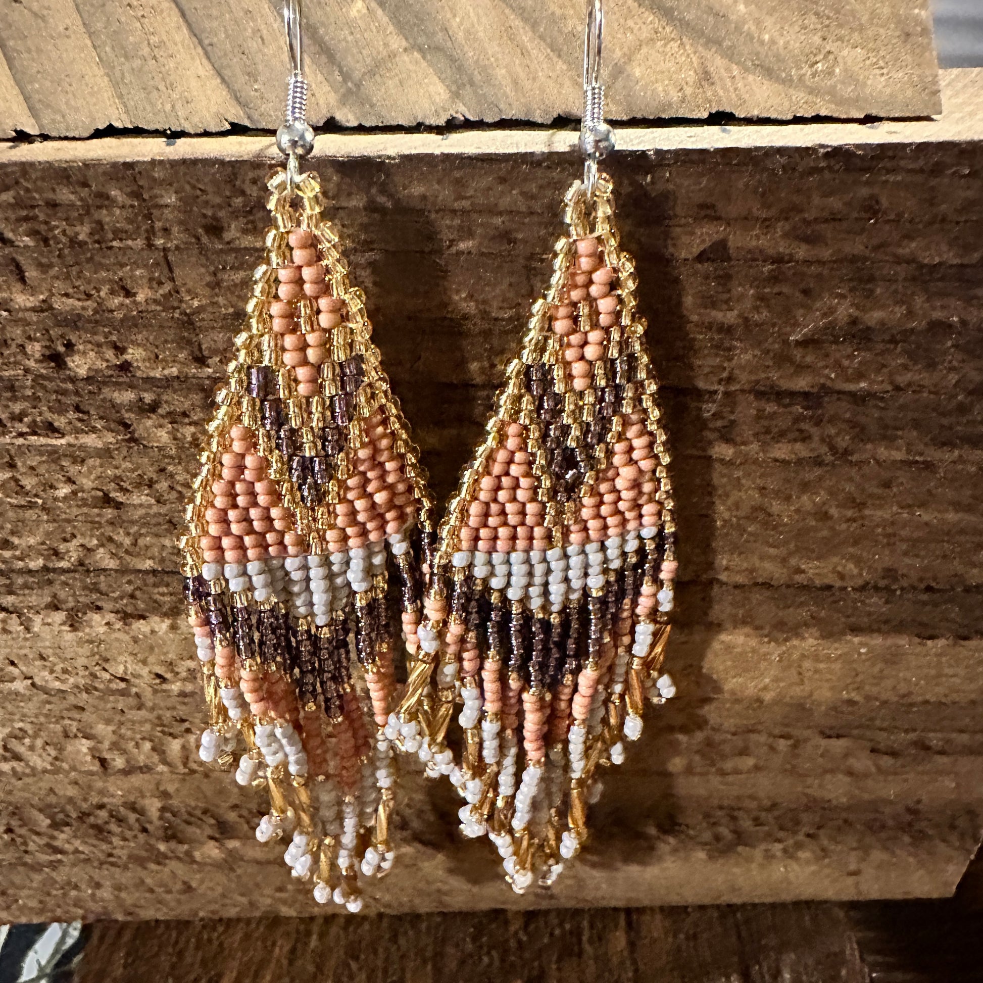 Handcrafted Bohemian Navajo Seed Bead Dangle Earrings with Peach Brown Accents - Perfect Gift in Decorative Box - Silver Elegant