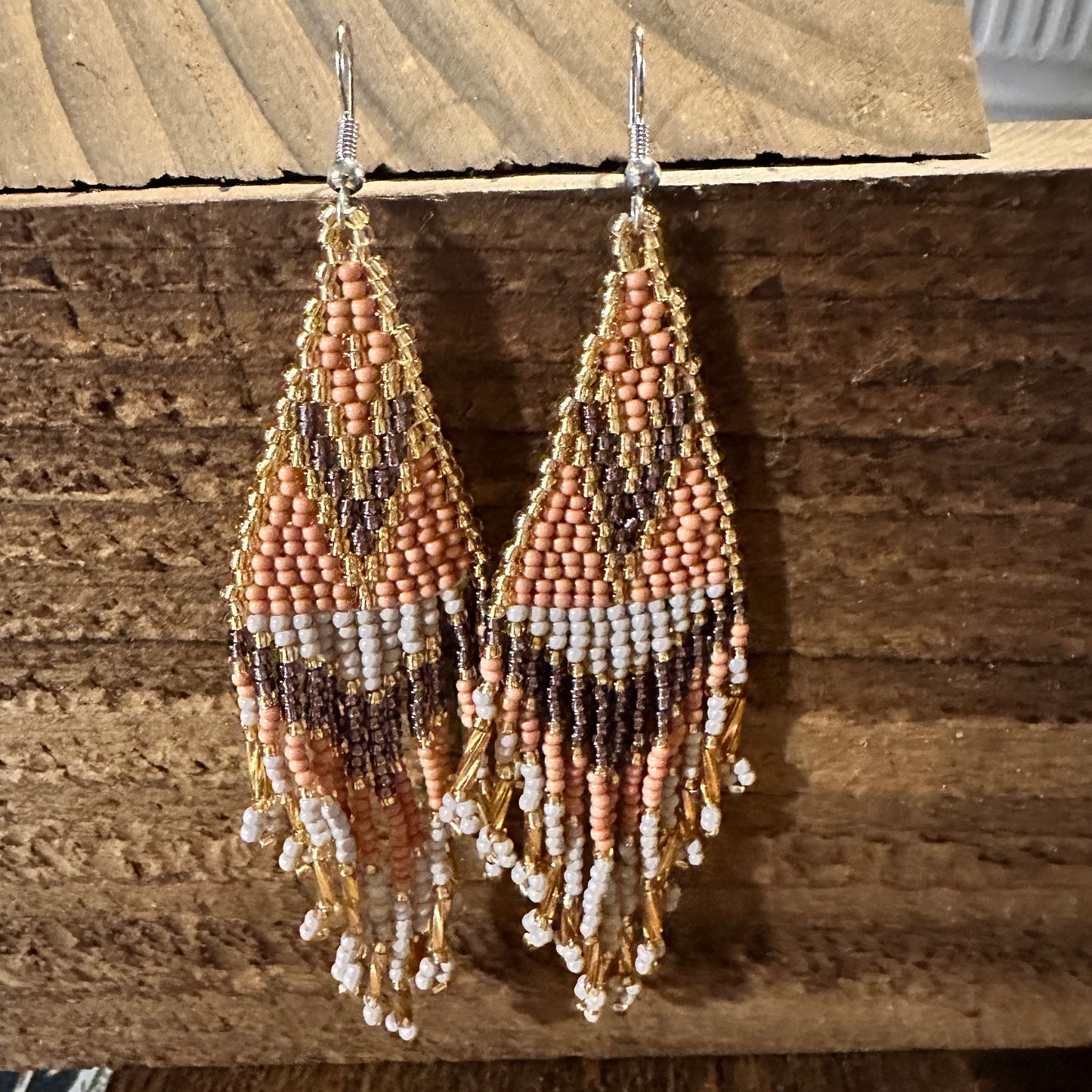 Handcrafted Bohemian Navajo Seed Bead Dangle Earrings with Peach Brown Accents - Perfect Gift in Decorative Box - Silver Elegant